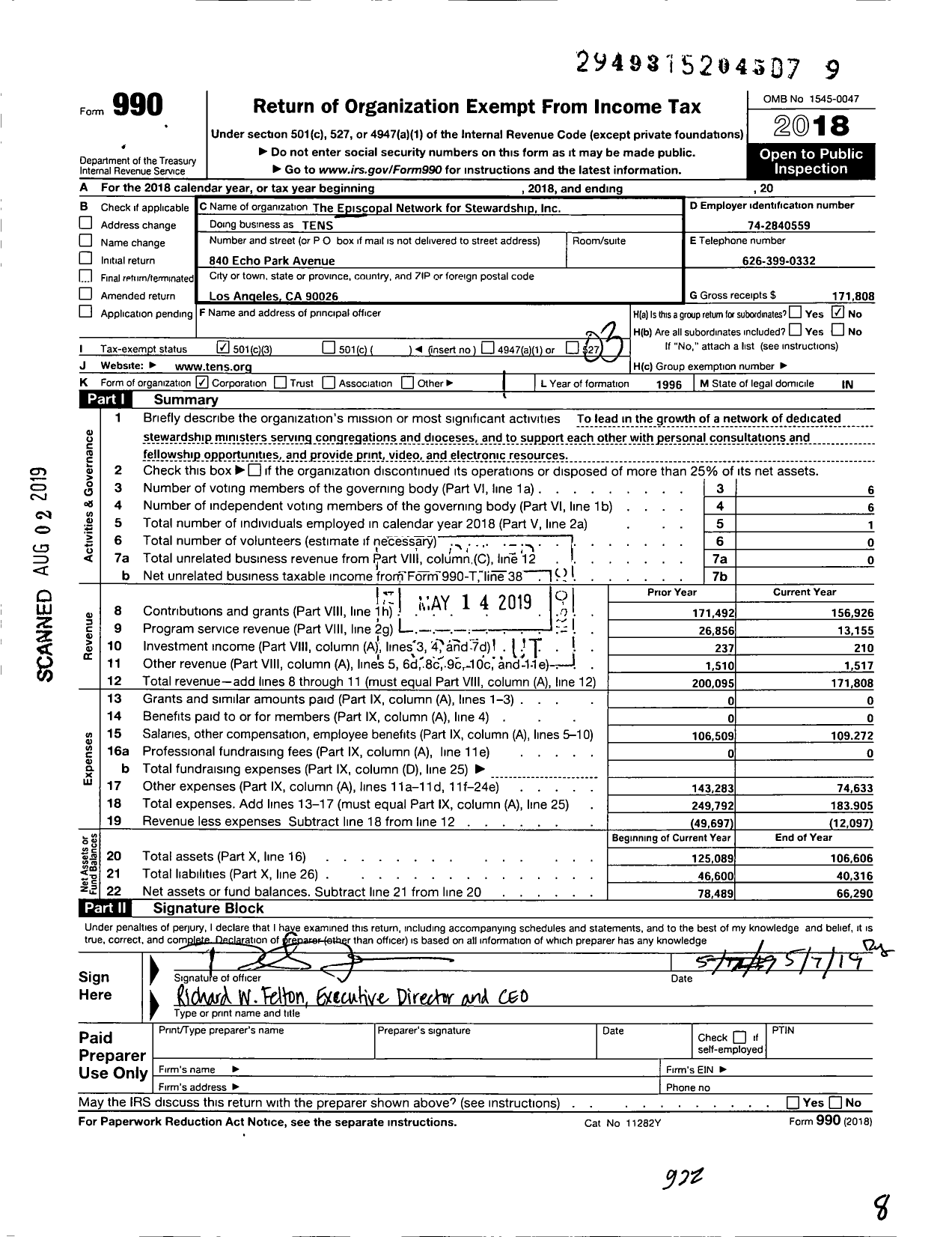 Image of first page of 2018 Form 990 for Episcopal Network for Stewardship (TENS)