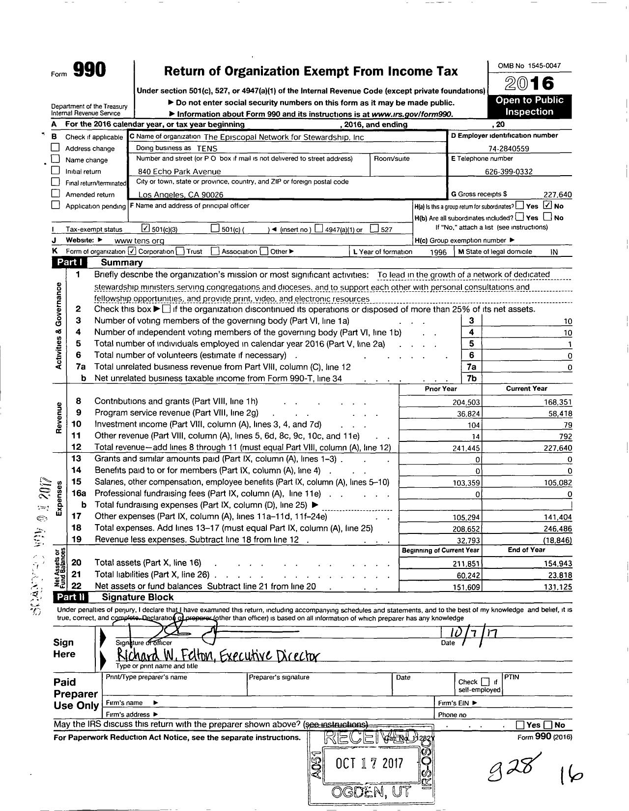 Image of first page of 2016 Form 990 for Episcopal Network for Stewardship (TENS)