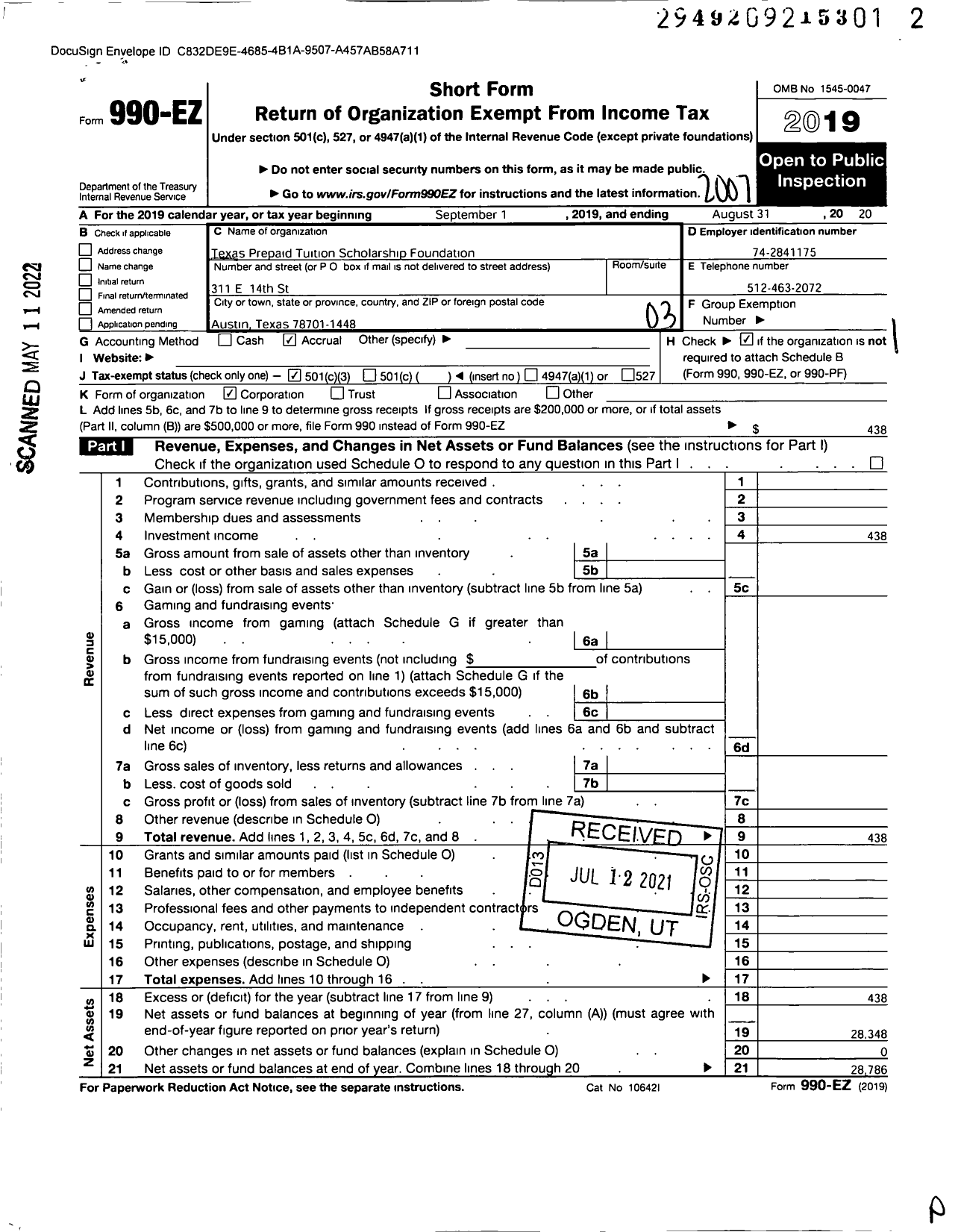 Image of first page of 2019 Form 990EZ for Texas Prepaid Tuition Scholarship Foundation