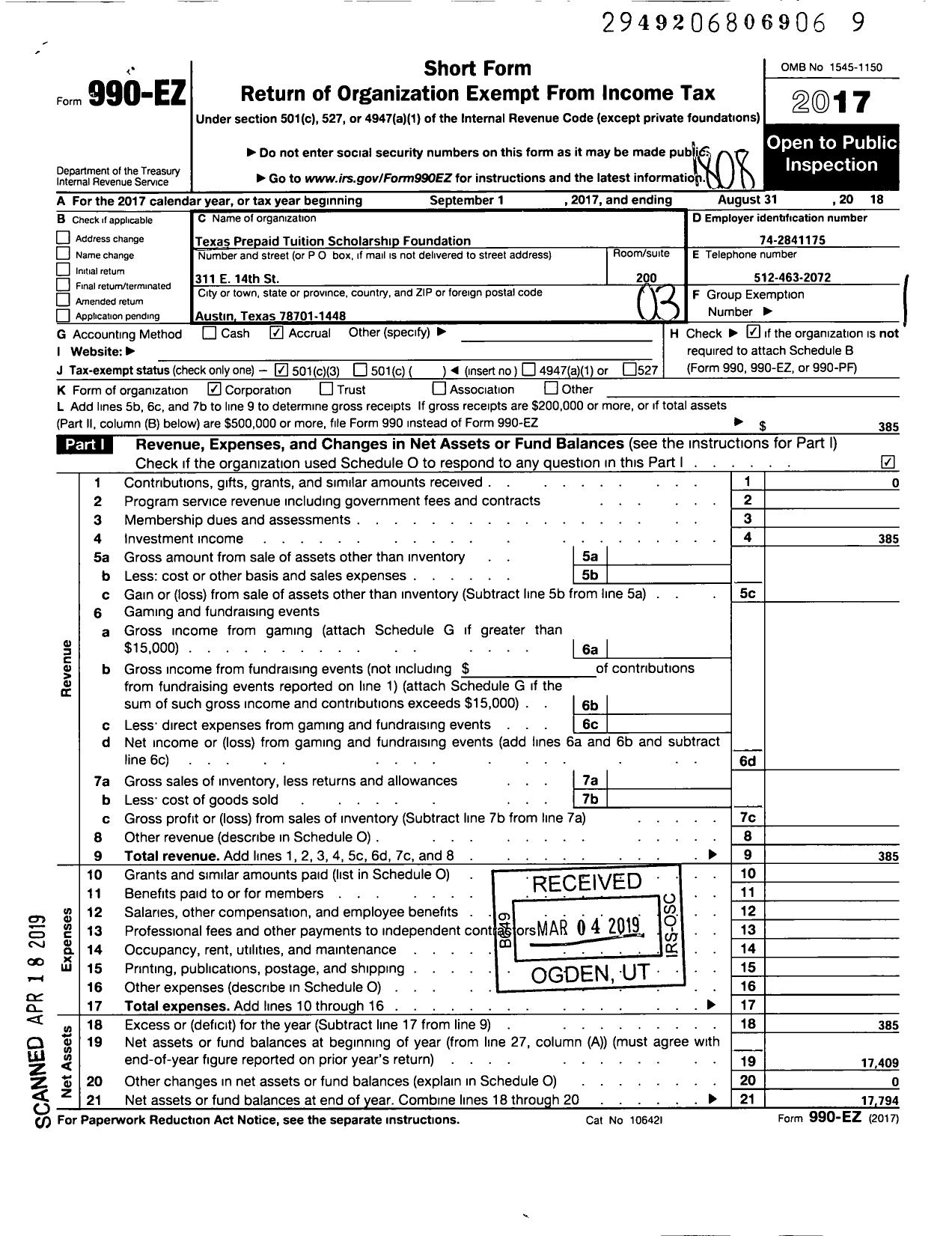 Image of first page of 2017 Form 990EZ for Texas Prepaid Tuition Scholarship Foundation