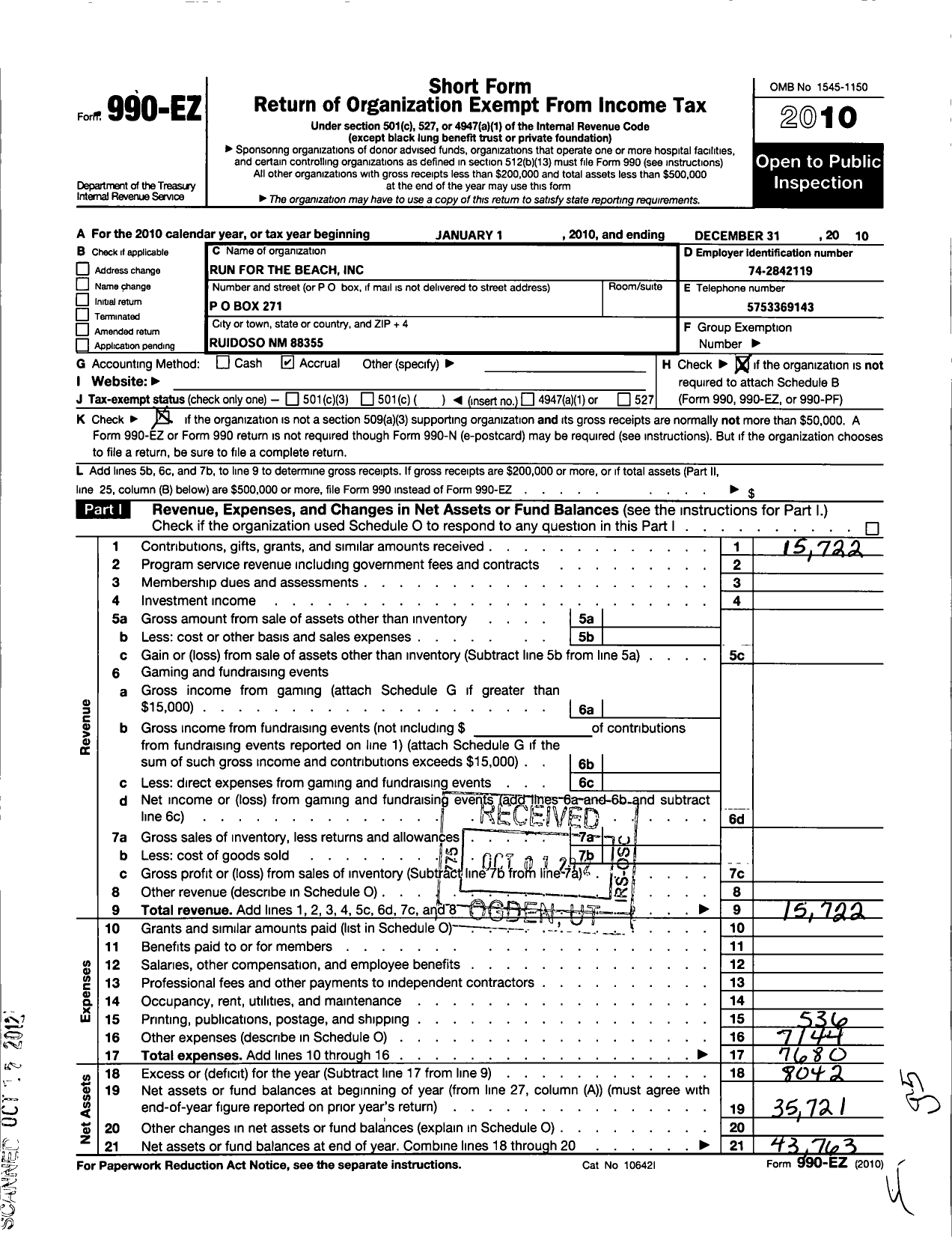 Image of first page of 2010 Form 990EO for Run for the Beach