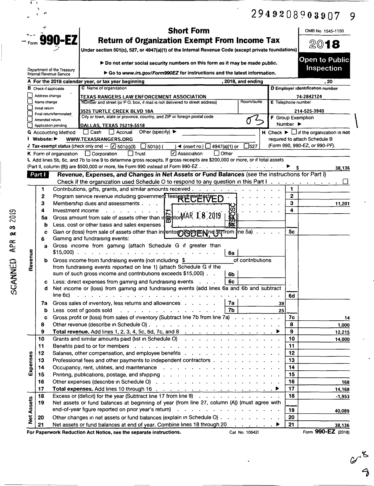 Image of first page of 2018 Form 990EZ for Texas Ranger Law Enforcement Association