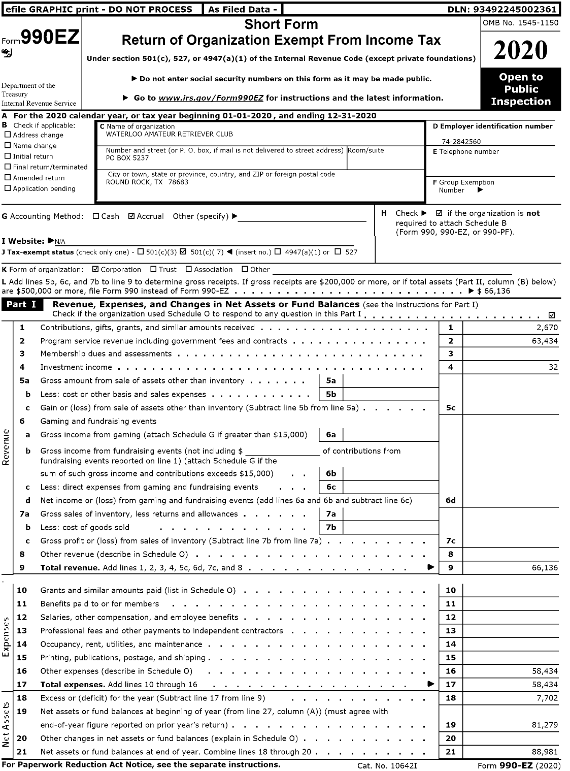 Image of first page of 2020 Form 990EO for Waterloo Amateur Retriever Club