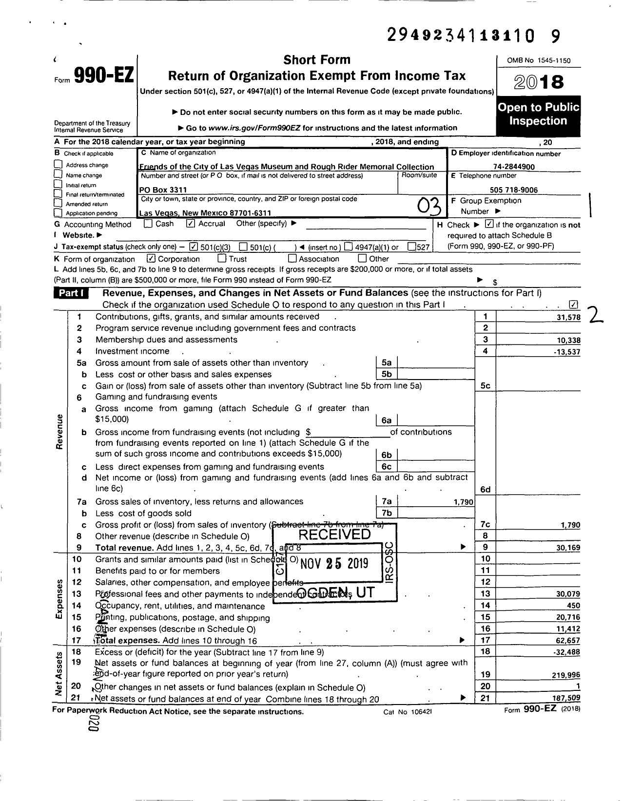 Image of first page of 2018 Form 990EZ for Friends of the Las Vegas City Museum and Rough Rider Collection