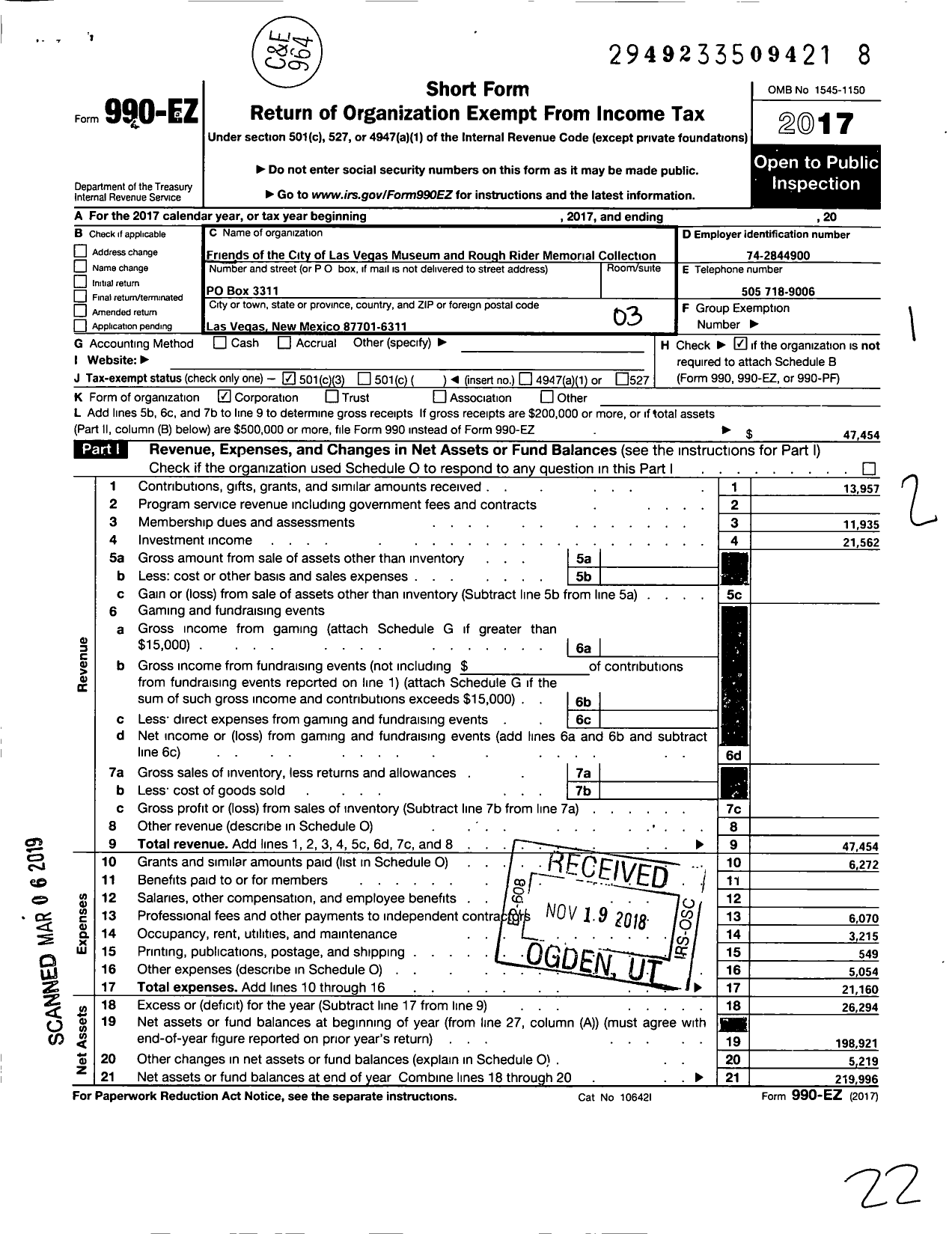 Image of first page of 2017 Form 990EZ for Friends of the Las Vegas City Museum and Rough Rider Collection