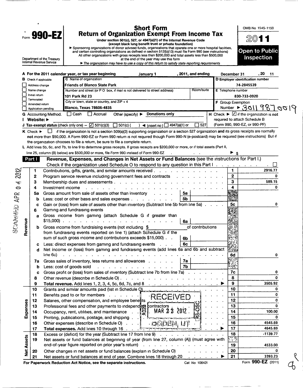 Image of first page of 2011 Form 990EZ for Friends of Blanco State Park