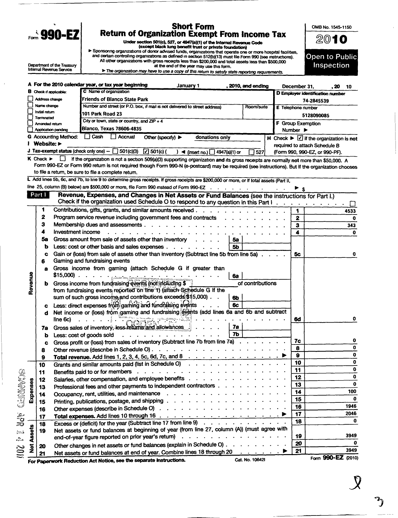 Image of first page of 2010 Form 990EO for Friends of Blanco State Park