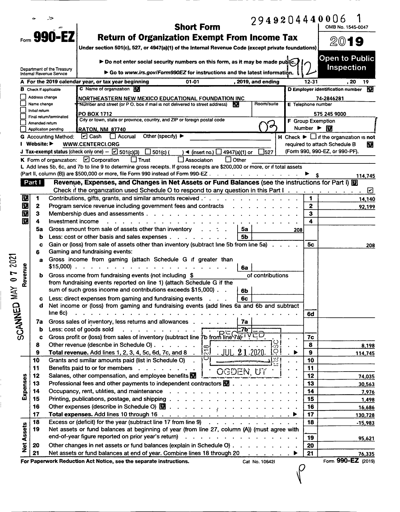 Image of first page of 2019 Form 990EZ for Center for Community Innovation / Northeastern New Mexico Educational Foundation Inc