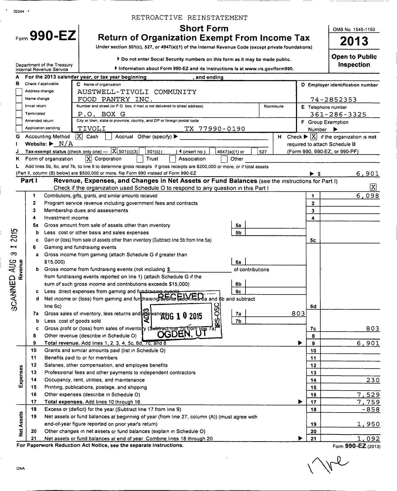 Image of first page of 2013 Form 990EZ for Austwell-Tivoli Community Food Pantry