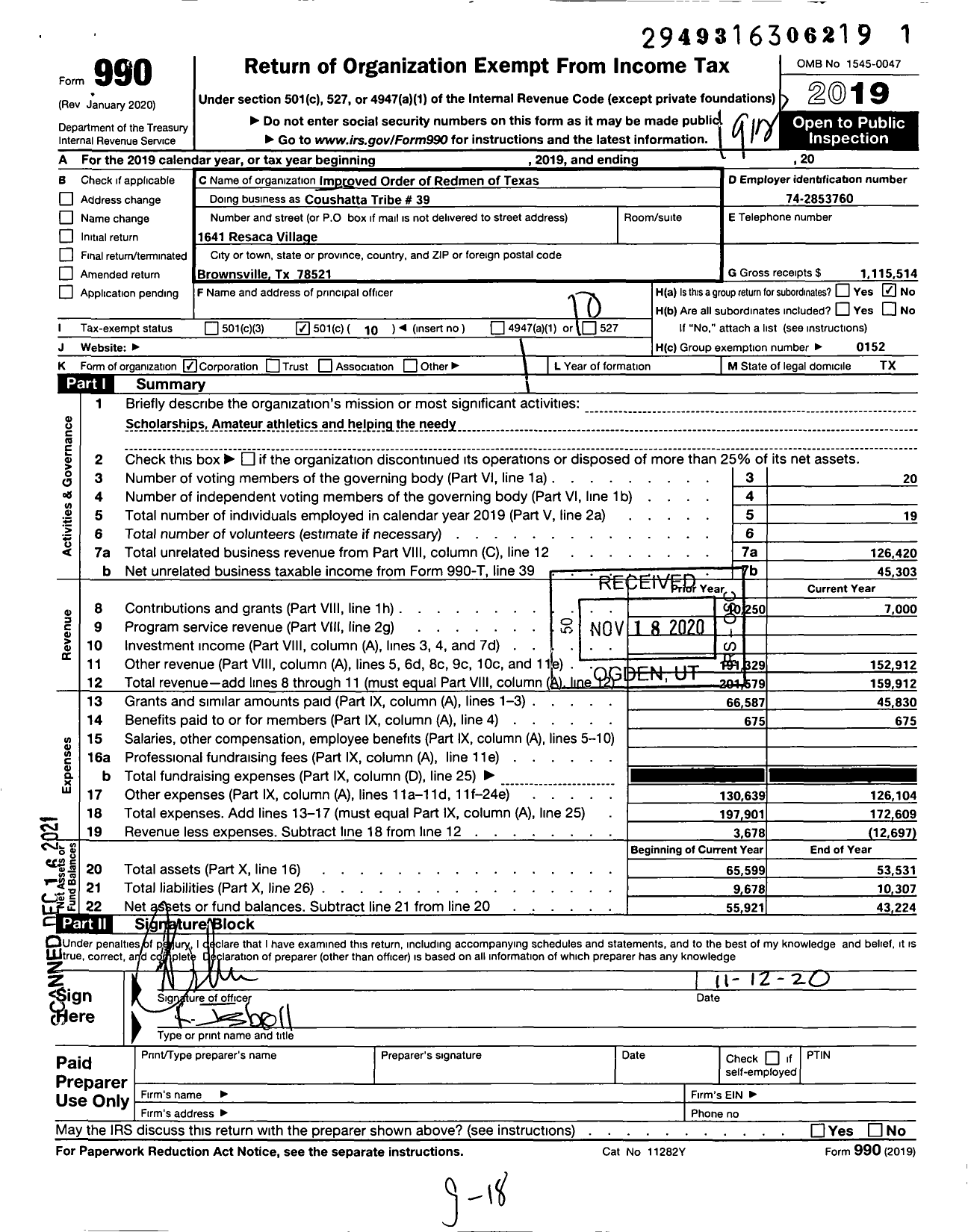 Image of first page of 2019 Form 990O for Improved Order of Redmen of Texas - 39 Coushatta Tribe