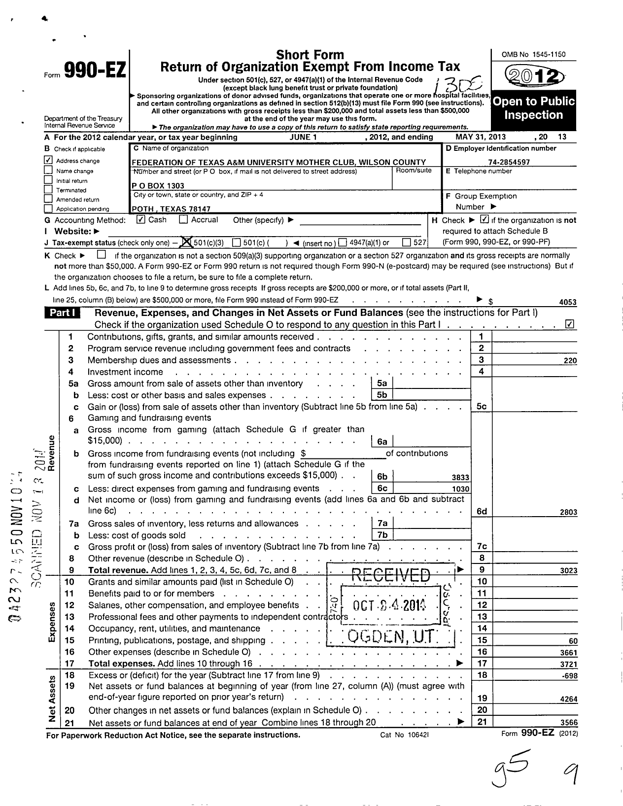 Image of first page of 2012 Form 990EZ for Federation of Texas A&m University Mothers Club / Wilson County