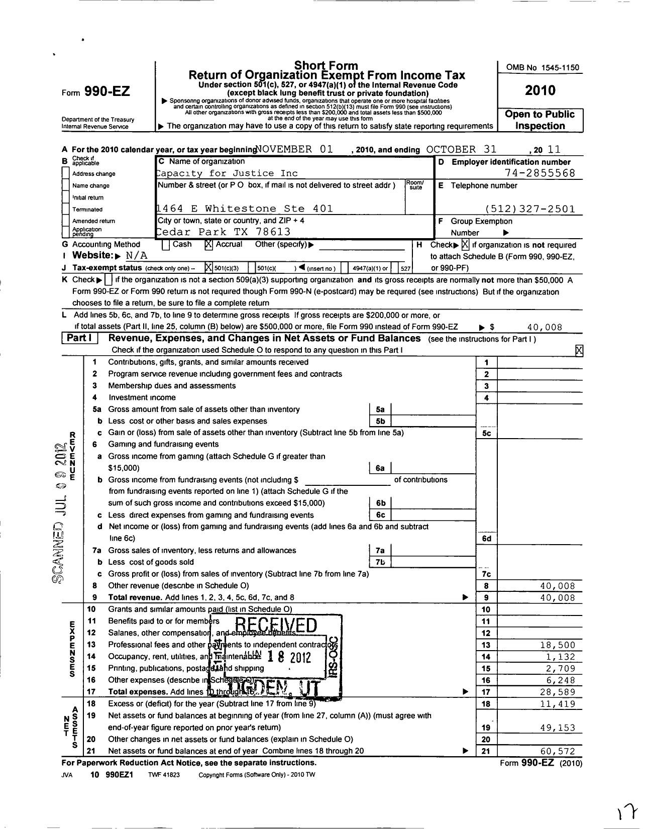 Image of first page of 2010 Form 990EZ for Capacity for Justice