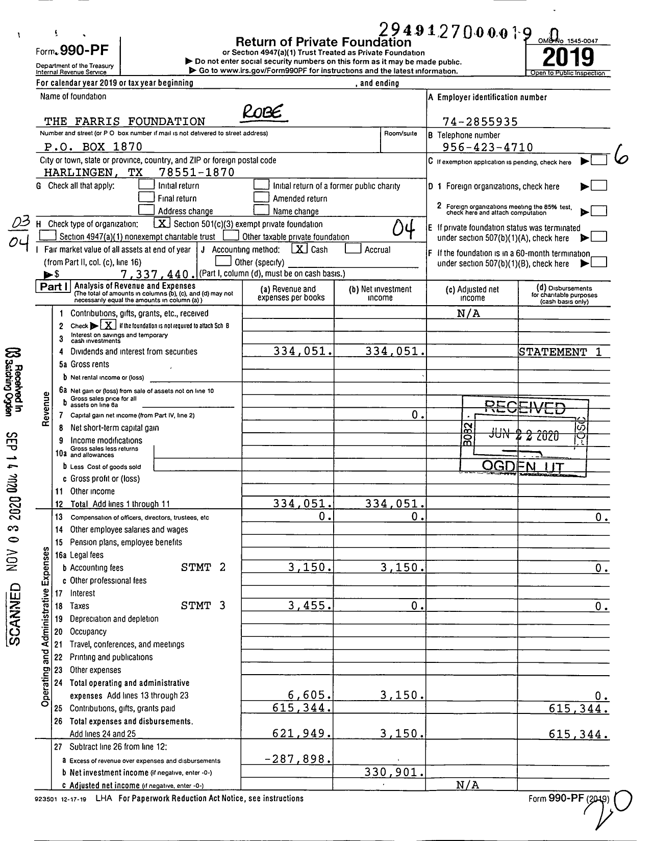 Image of first page of 2019 Form 990PF for The Farris Foundation