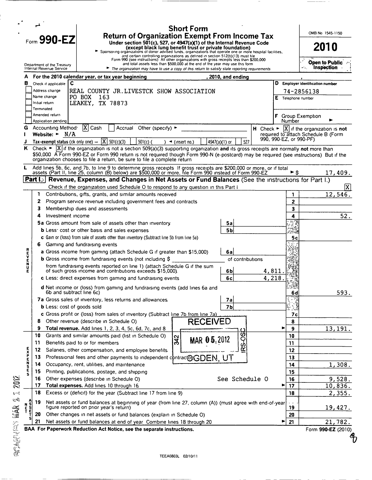 Image of first page of 2010 Form 990EZ for Real County Junior Livestock Show Association