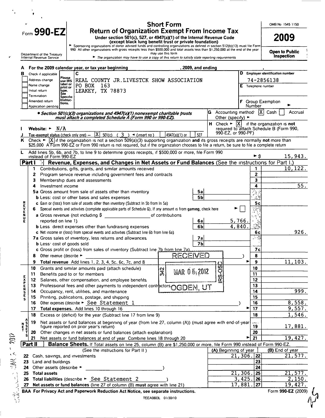 Image of first page of 2009 Form 990EZ for Real County Junior Livestock Show Association