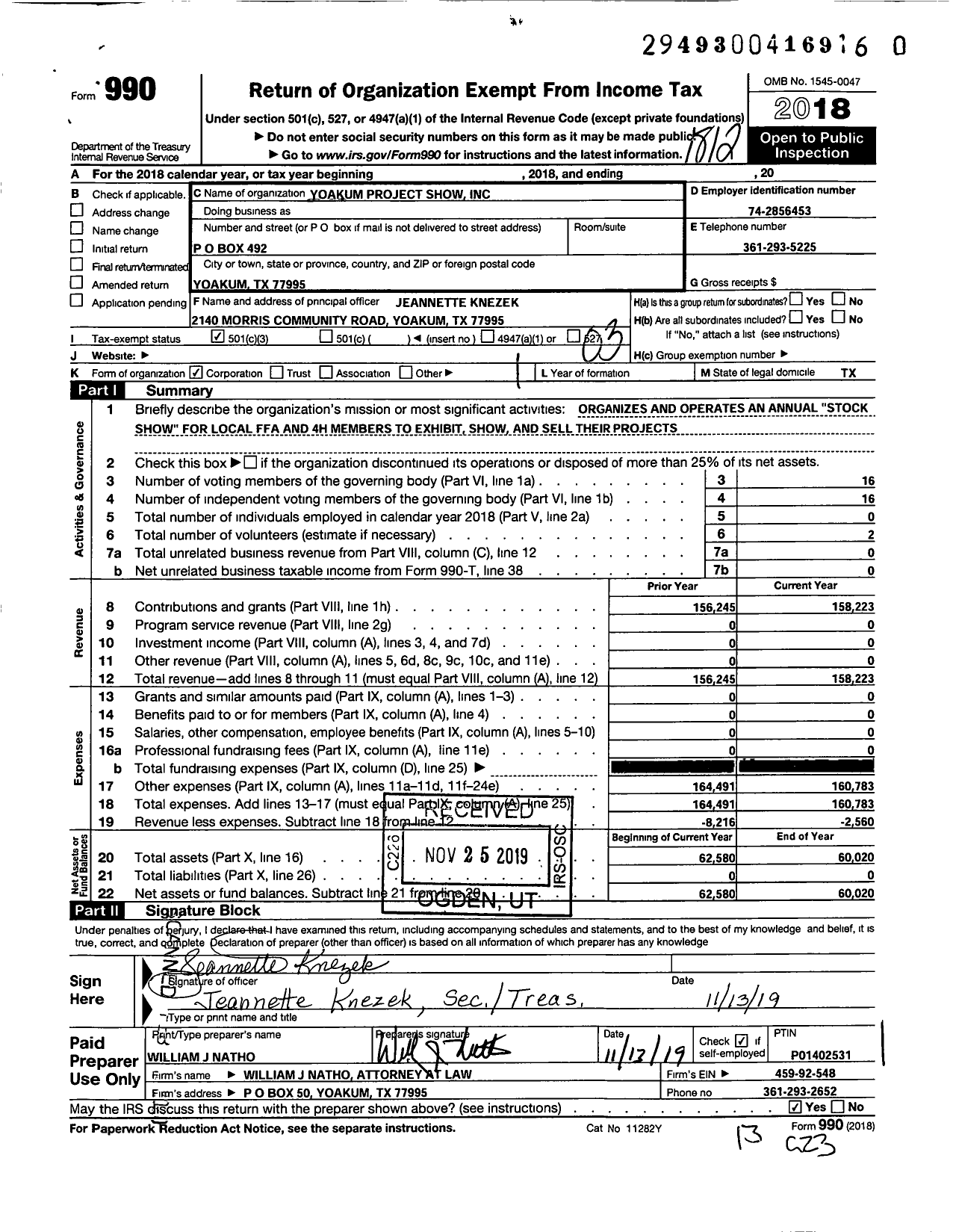 Image of first page of 2018 Form 990 for Yoakum Project Show