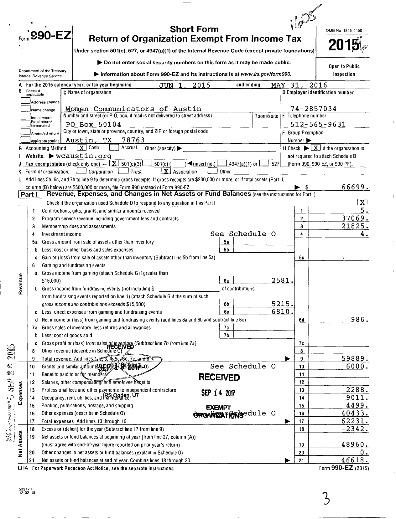 Image of first page of 2015 Form 990EZ for Women Communicators of Austin