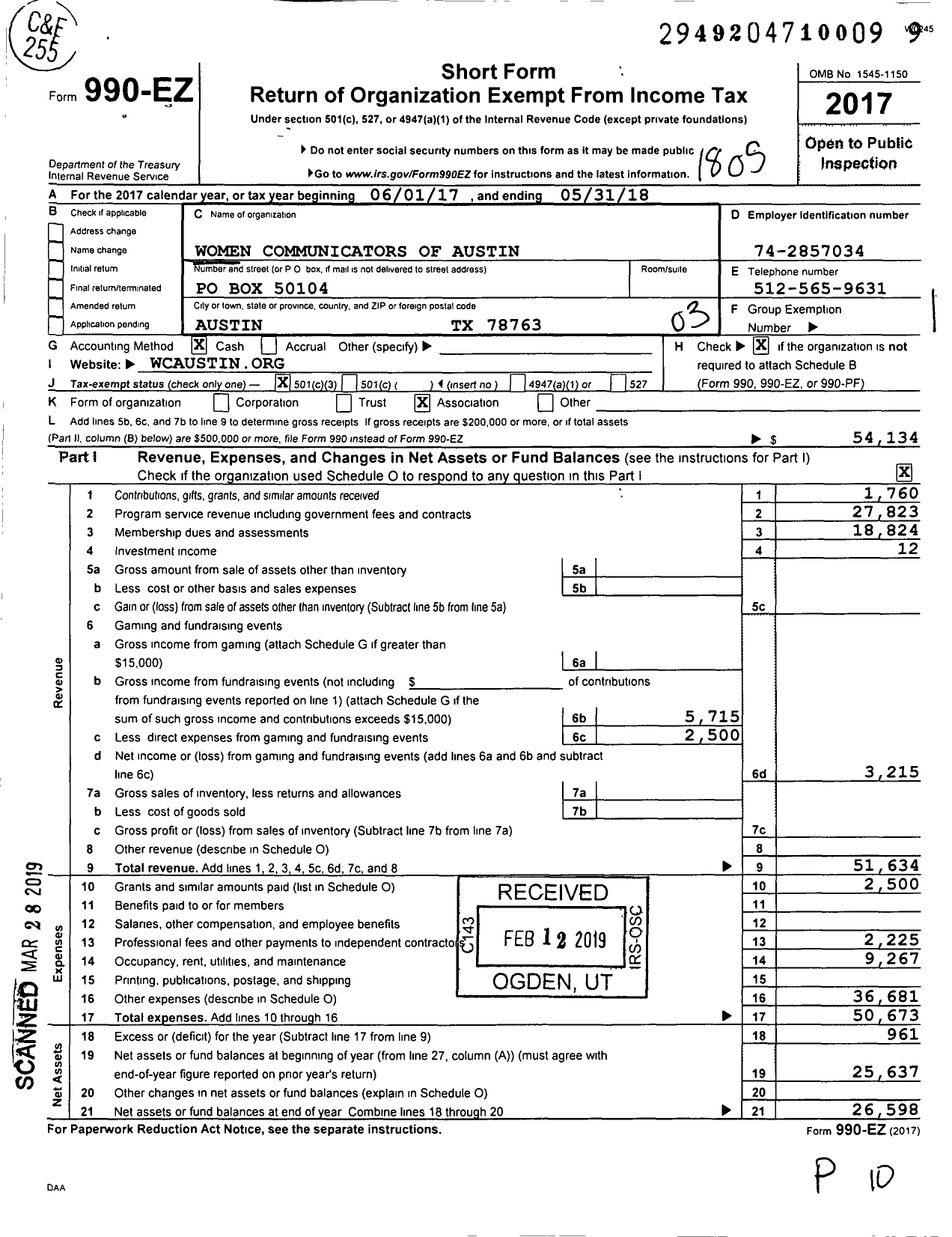 Image of first page of 2017 Form 990EZ for Women Communicators of Austin