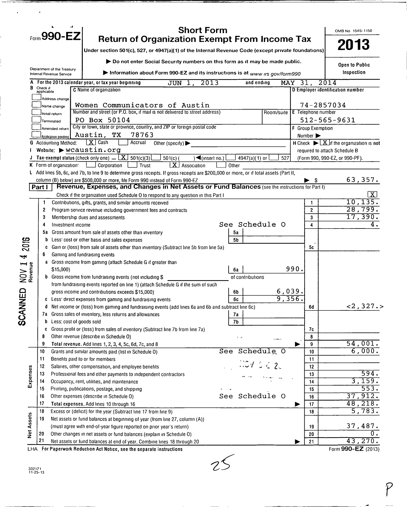 Image of first page of 2013 Form 990EZ for Women Communicators of Austin