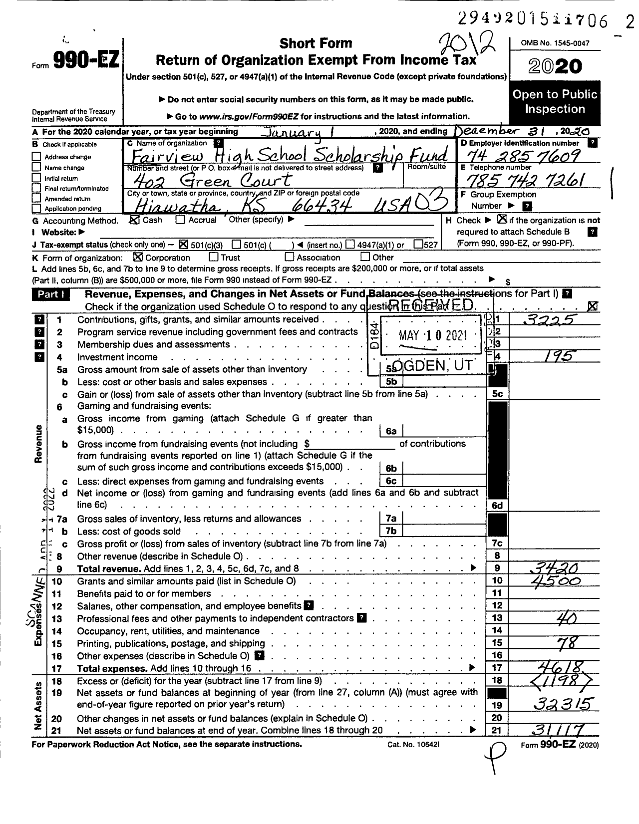 Image of first page of 2020 Form 990EZ for Fairview High School Scholarship Fund