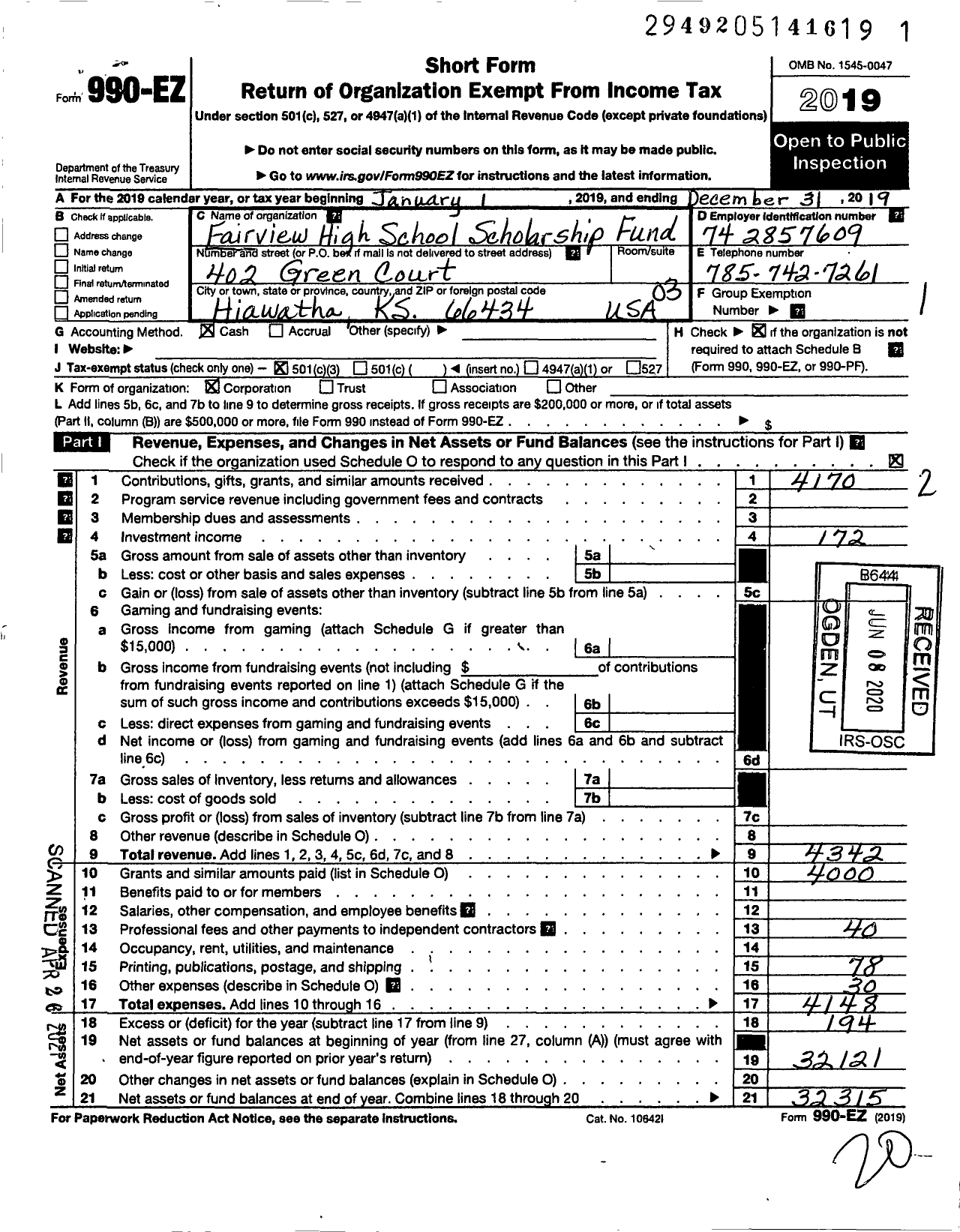 Image of first page of 2019 Form 990EZ for Fairview High School Scholarship Fund