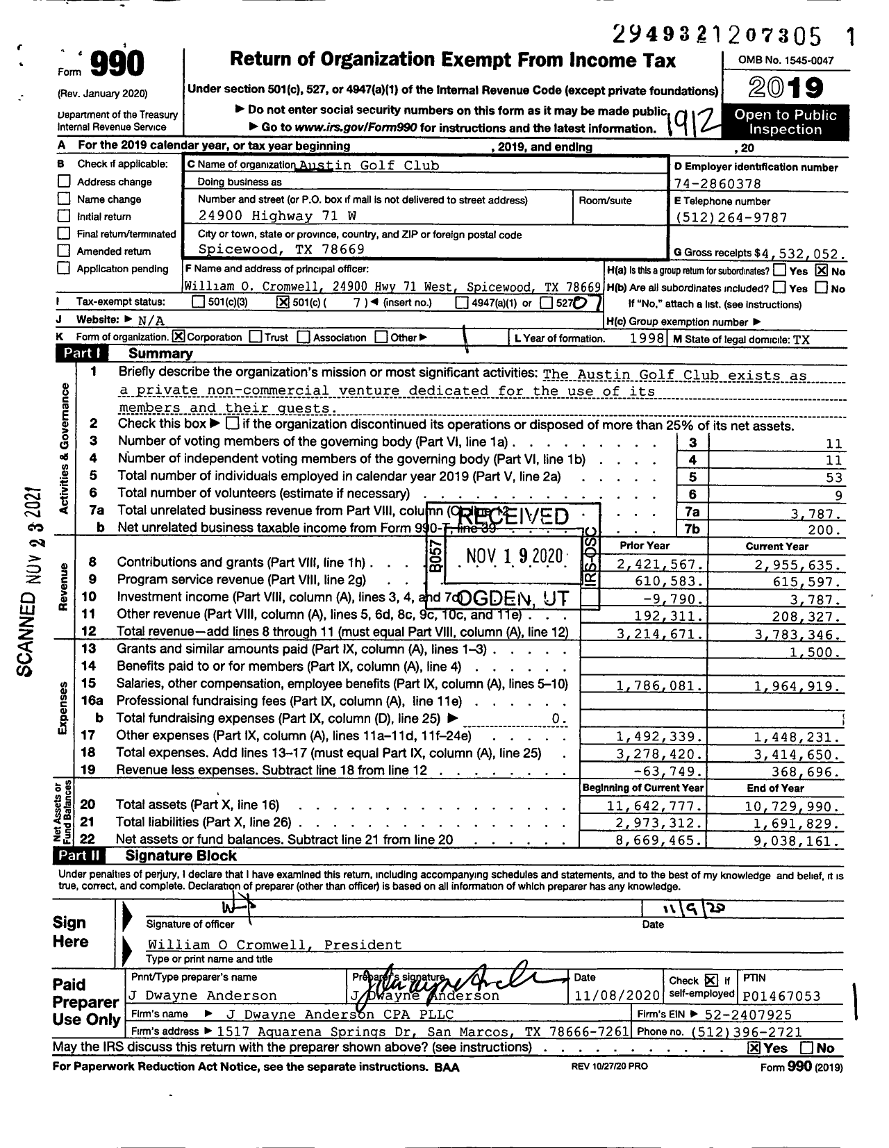 Image of first page of 2019 Form 990O for Austin Golf Club