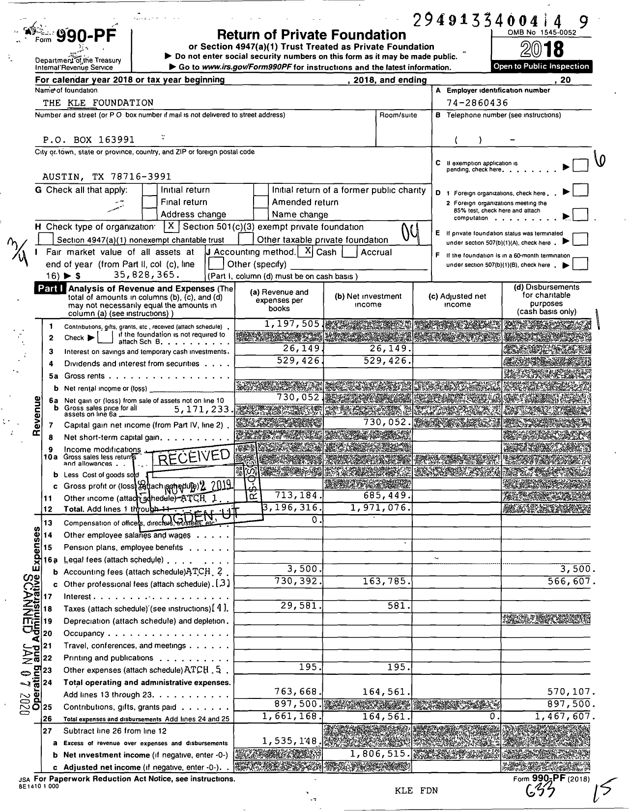 Image of first page of 2018 Form 990PF for Kle Foundation