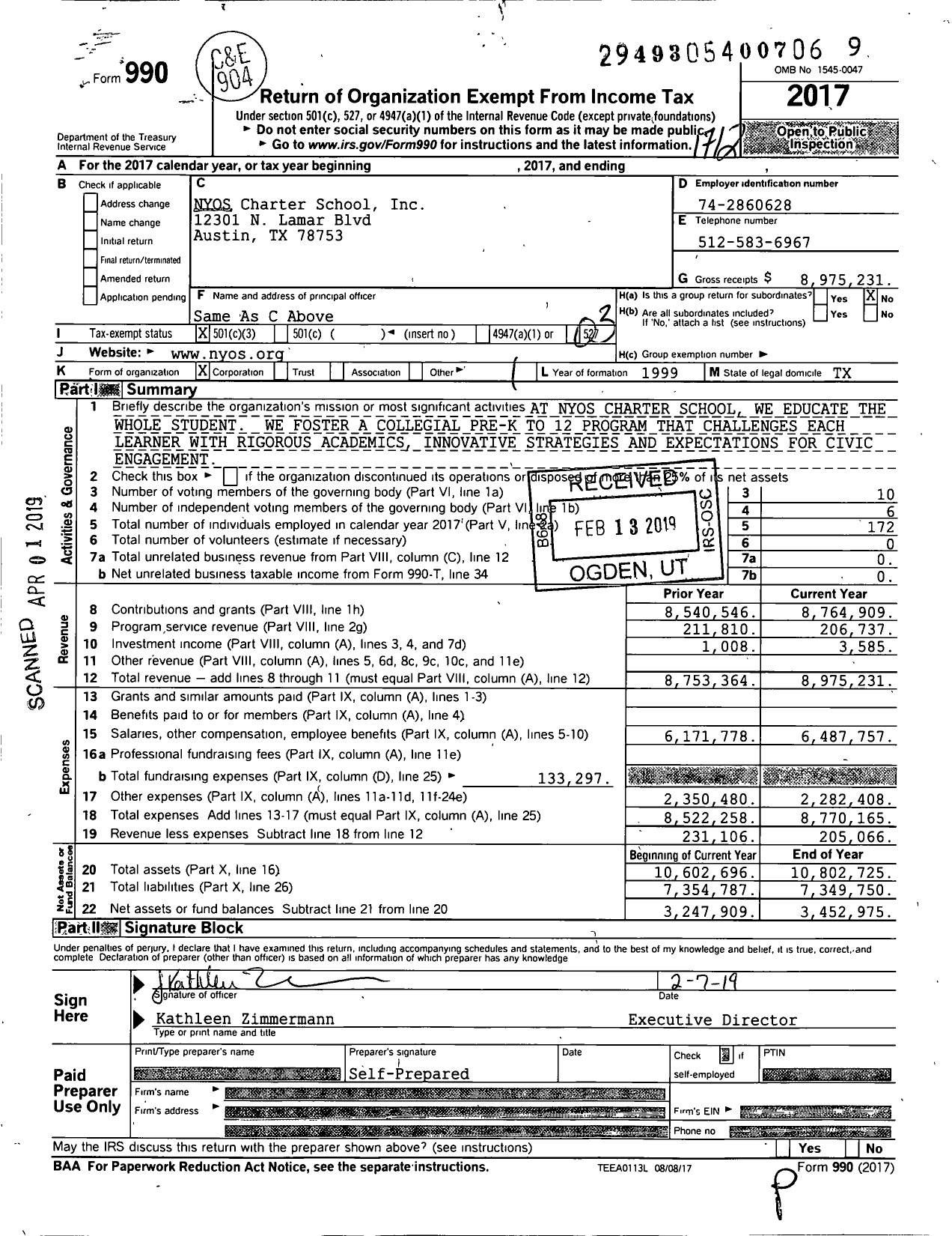 Image of first page of 2017 Form 990 for Nyos Charter School