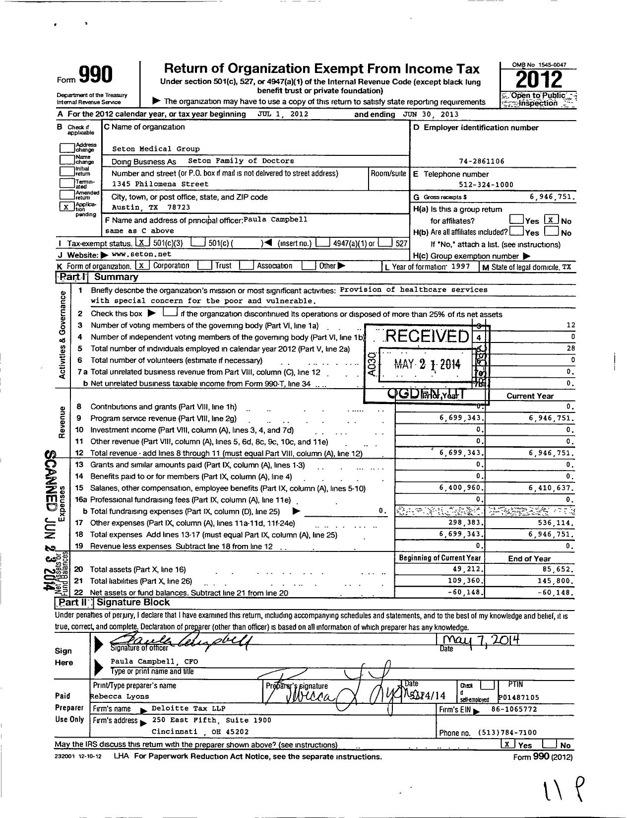 Image of first page of 2012 Form 990 for Seton Medical Group