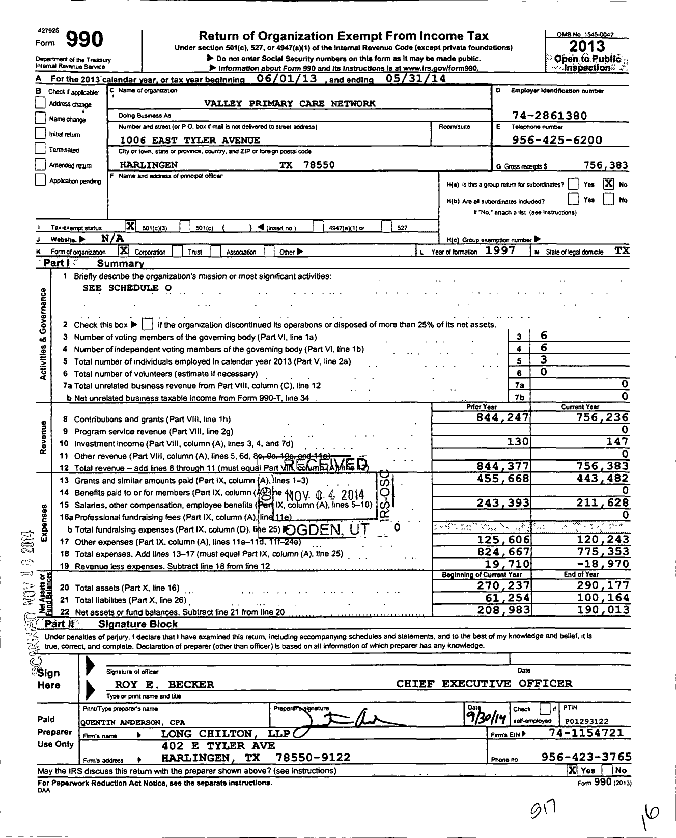 Image of first page of 2013 Form 990 for Valley Primary Care Network (VPCN)