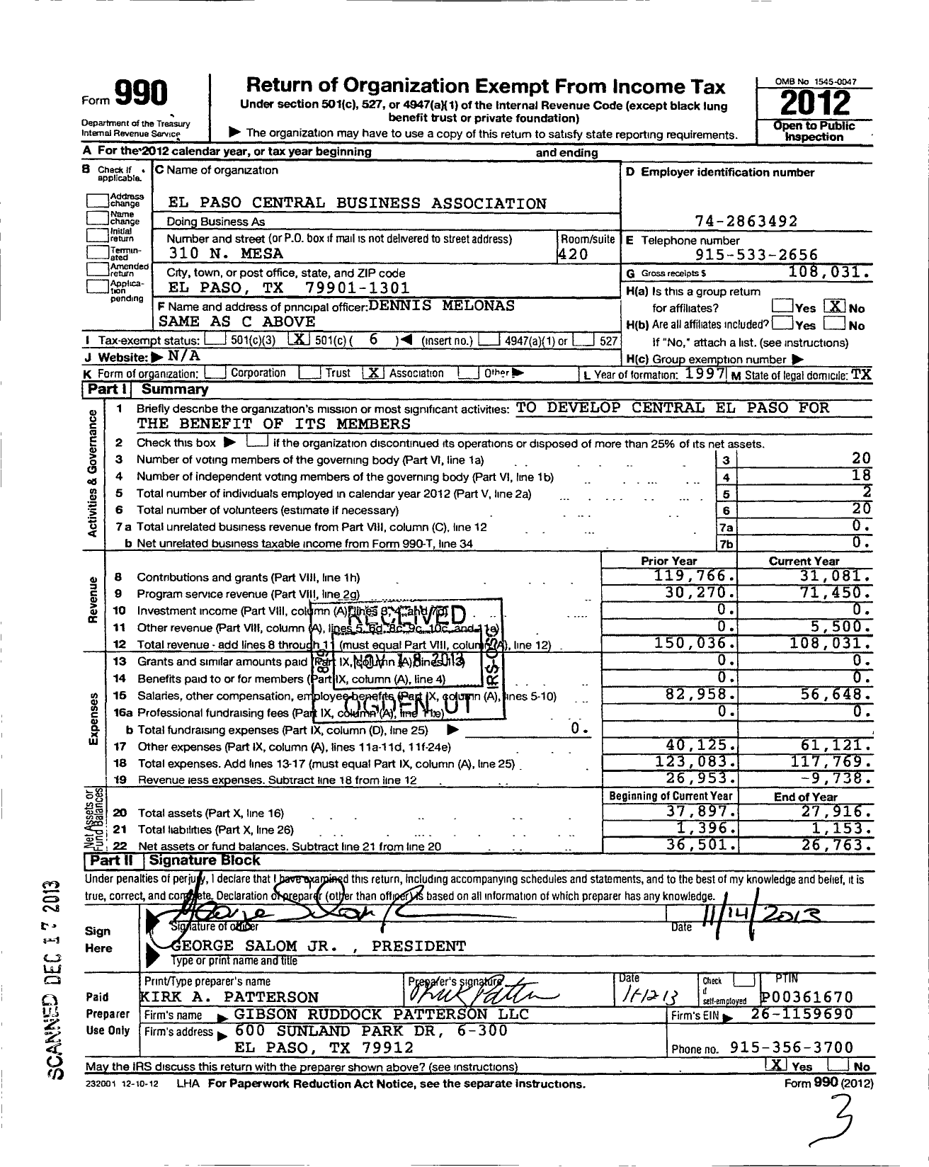 Image of first page of 2012 Form 990O for El Paso Central Business Association