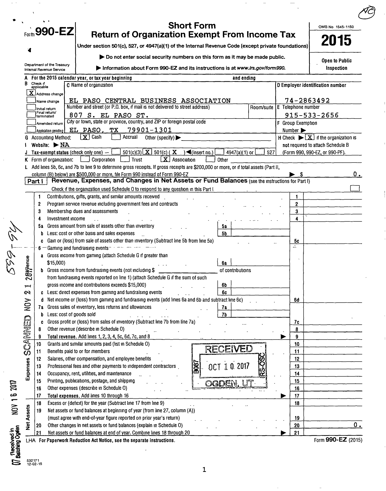 Image of first page of 2015 Form 990EO for El Paso Central Business Association