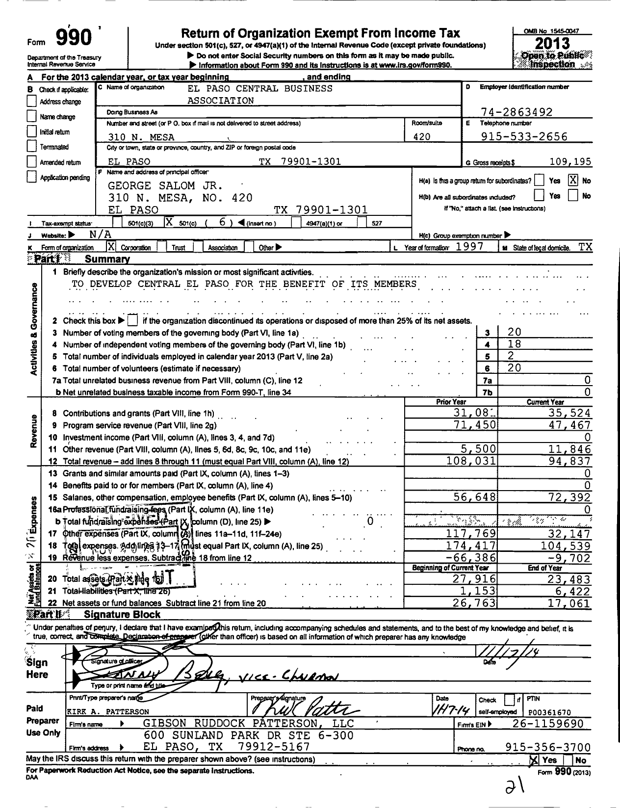 Image of first page of 2013 Form 990O for El Paso Central Business Association