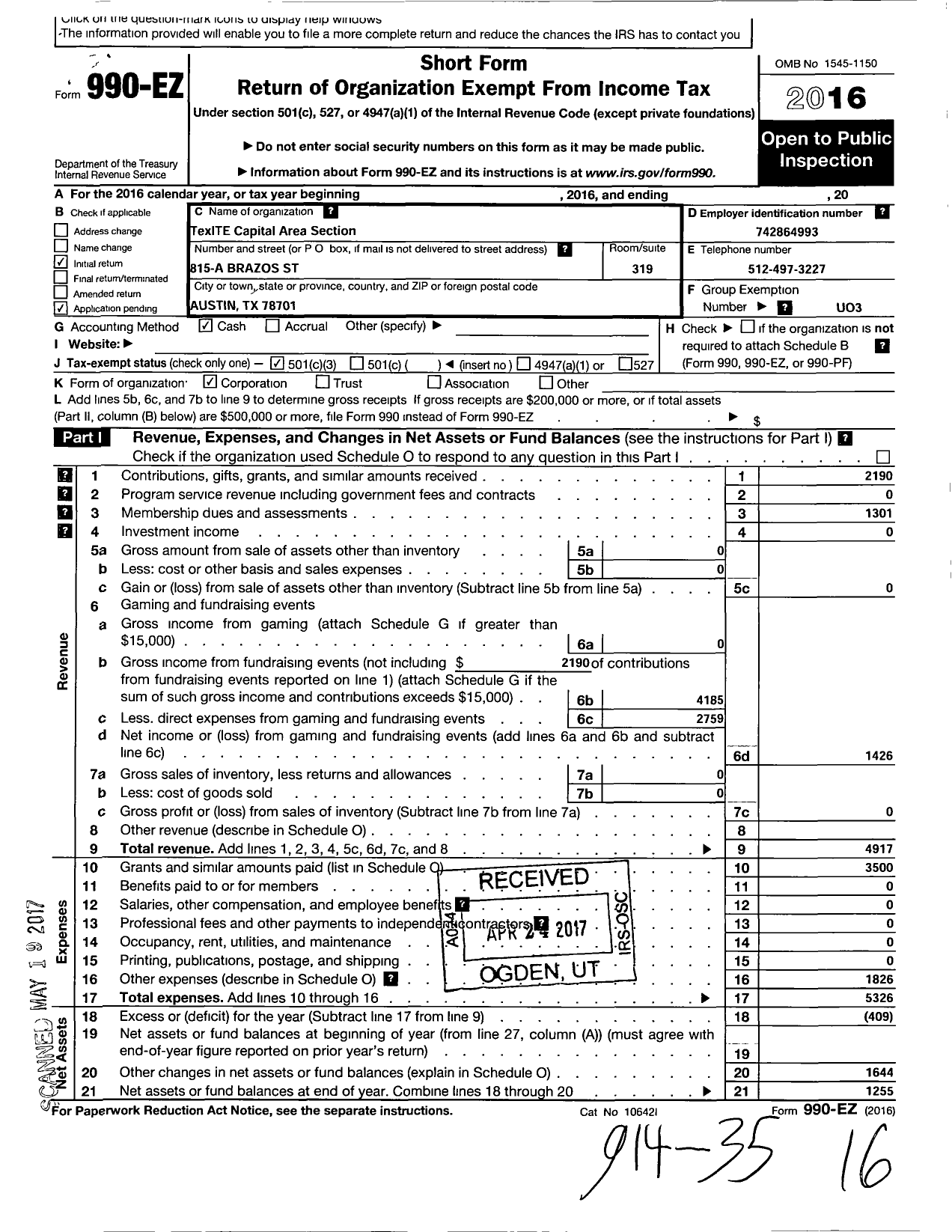 Image of first page of 2016 Form 990EZ for Texite Capital Area Section