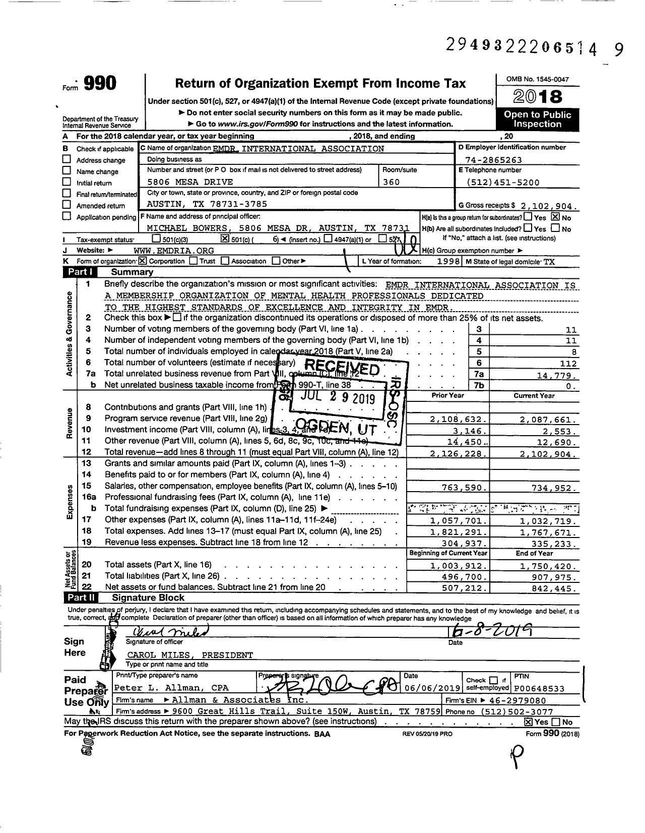 Image of first page of 2018 Form 990O for EMDR International Association (EMDRIA)