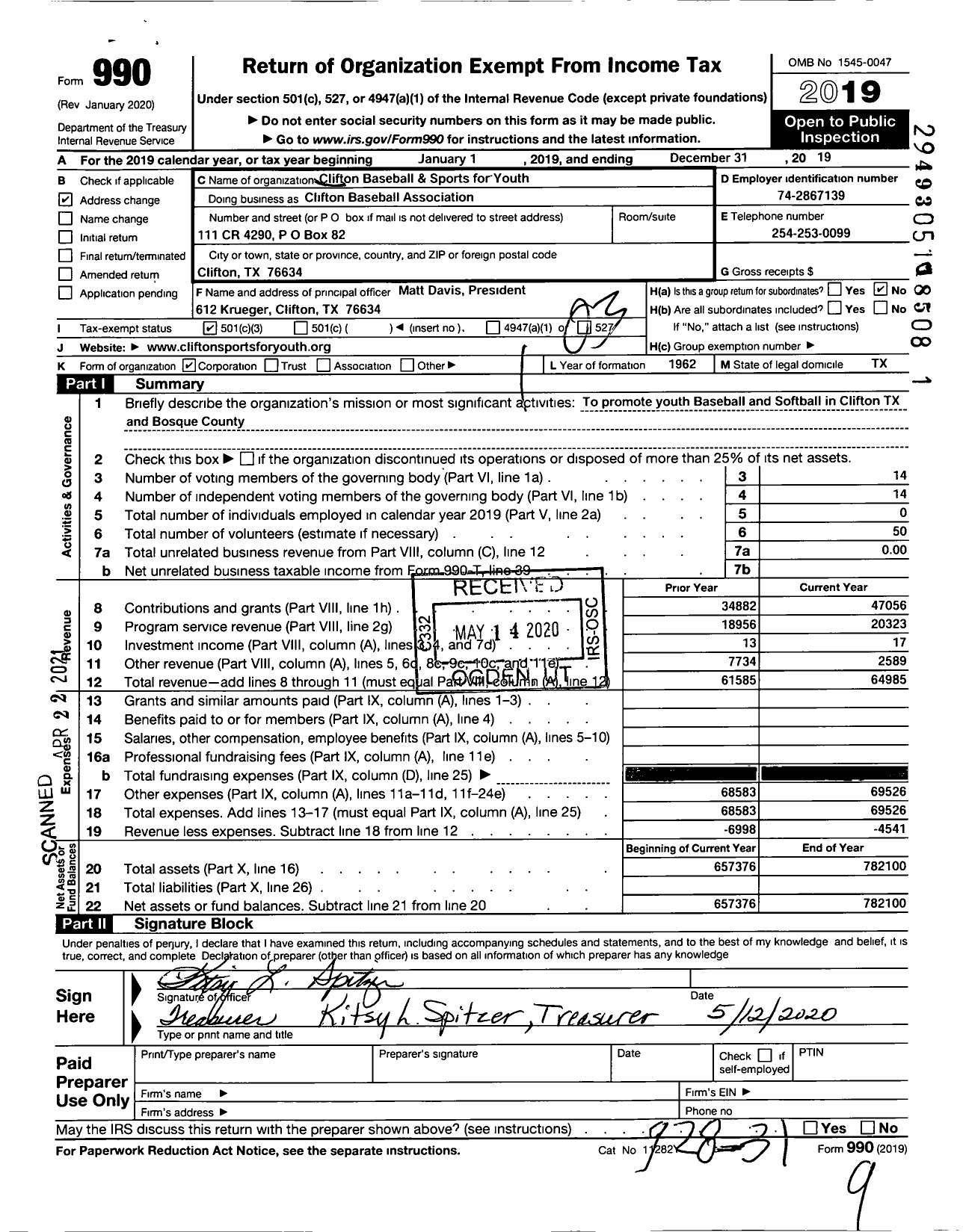 Image of first page of 2019 Form 990 for Clifton Baseball Association