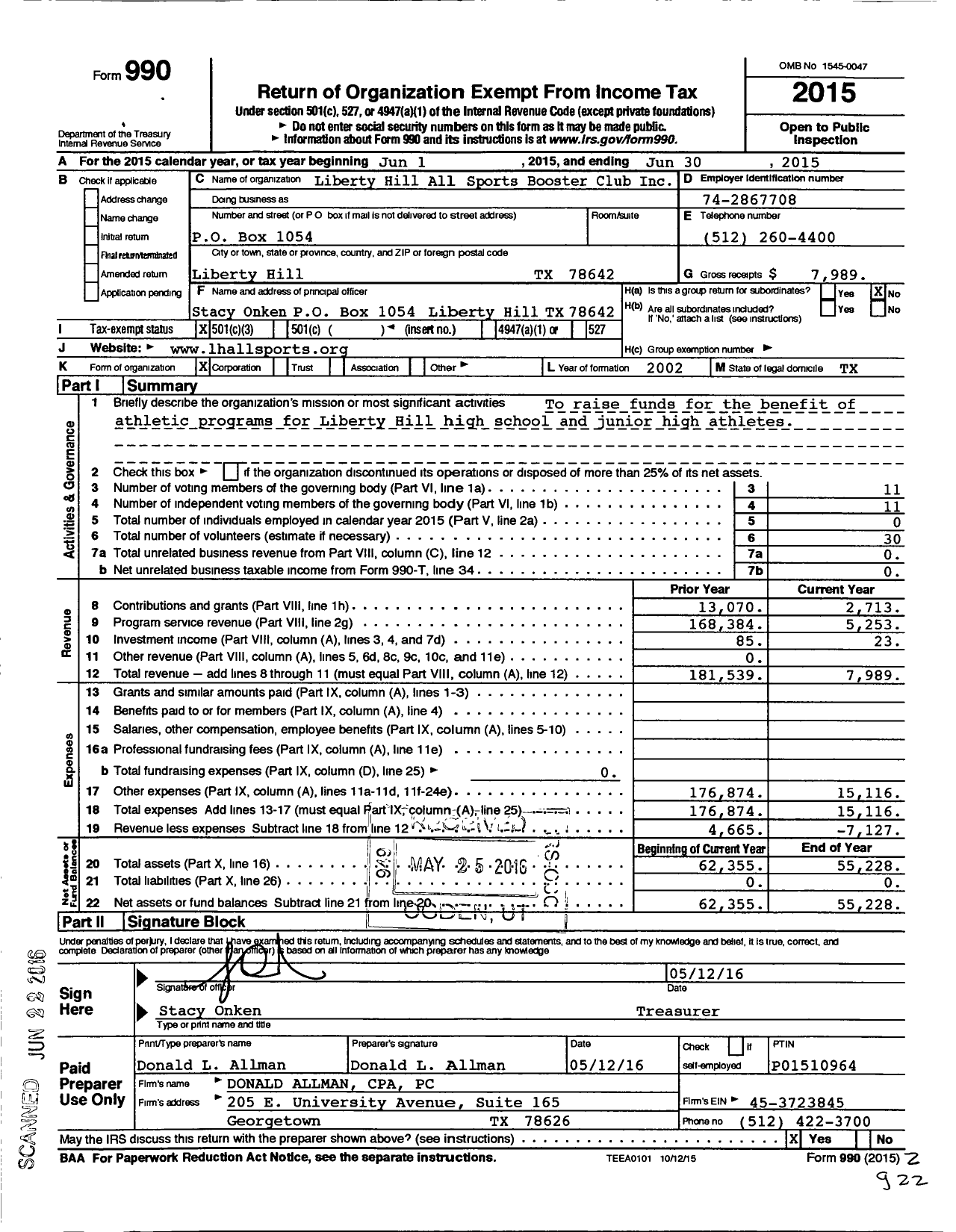 Image of first page of 2014 Form 990 for Liberty Hill All Sports Booster Club