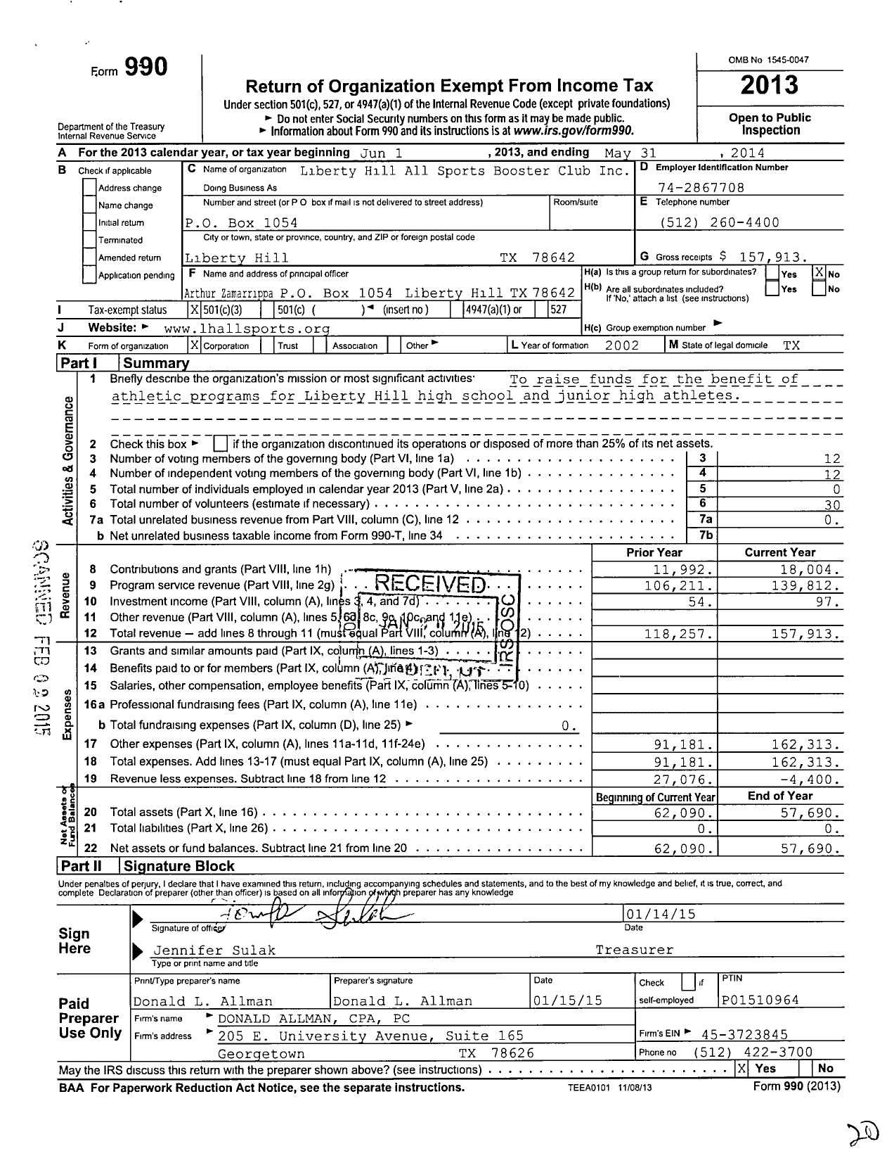 Image of first page of 2013 Form 990 for Liberty Hill All Sports Booster Club