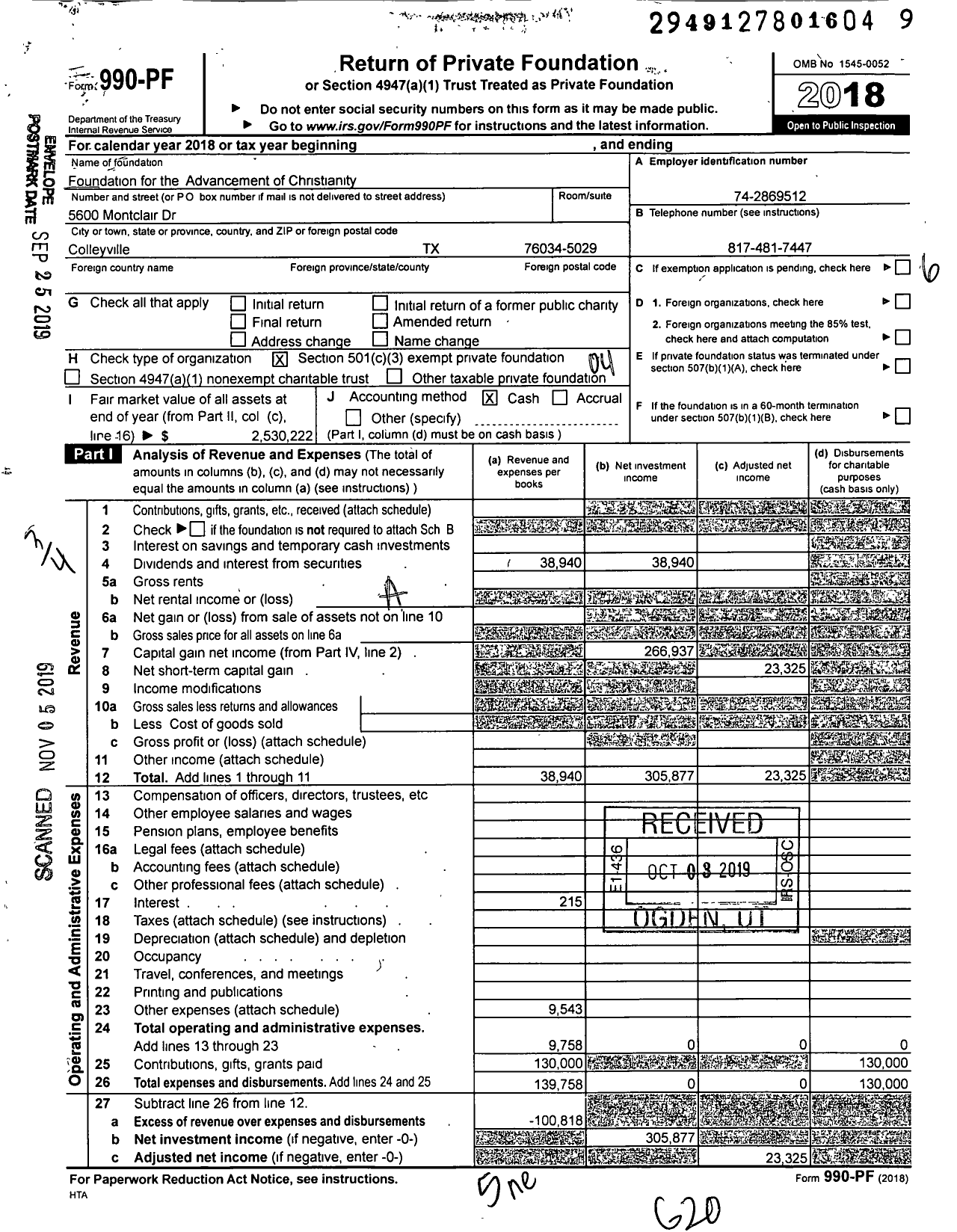 Image of first page of 2018 Form 990PF for The Foundation for the Advancement of Christianity