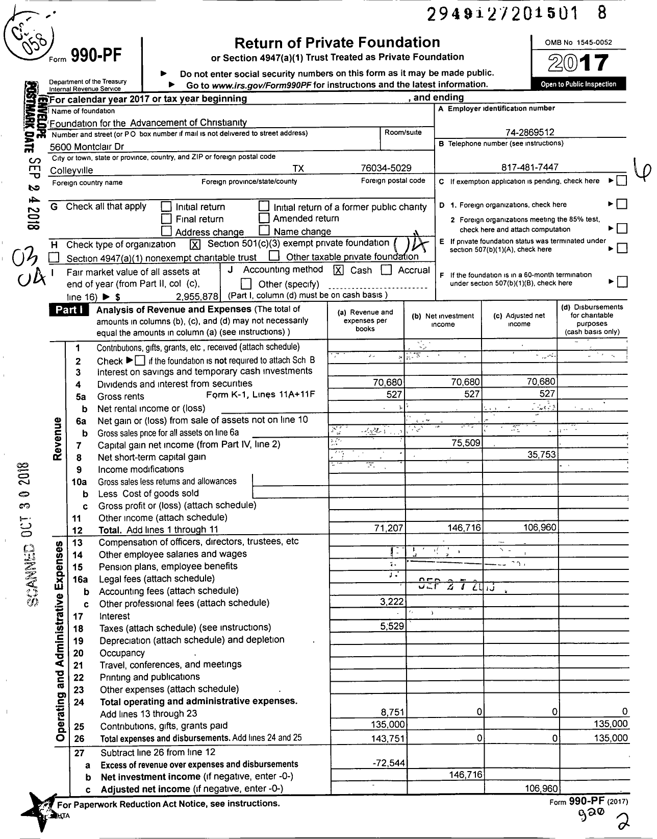 Image of first page of 2017 Form 990PF for The Foundation for the Advancement of Christianity