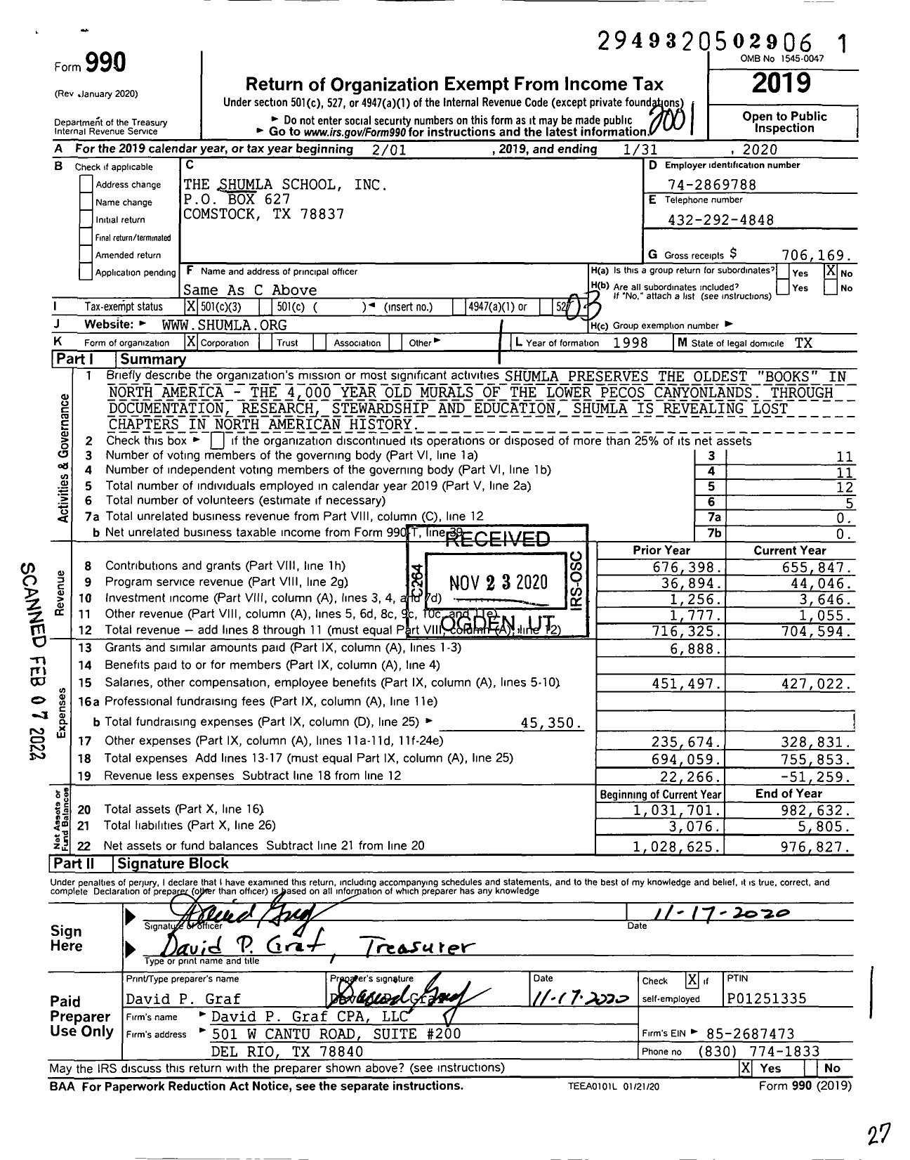 Image of first page of 2019 Form 990 for The Shumla School