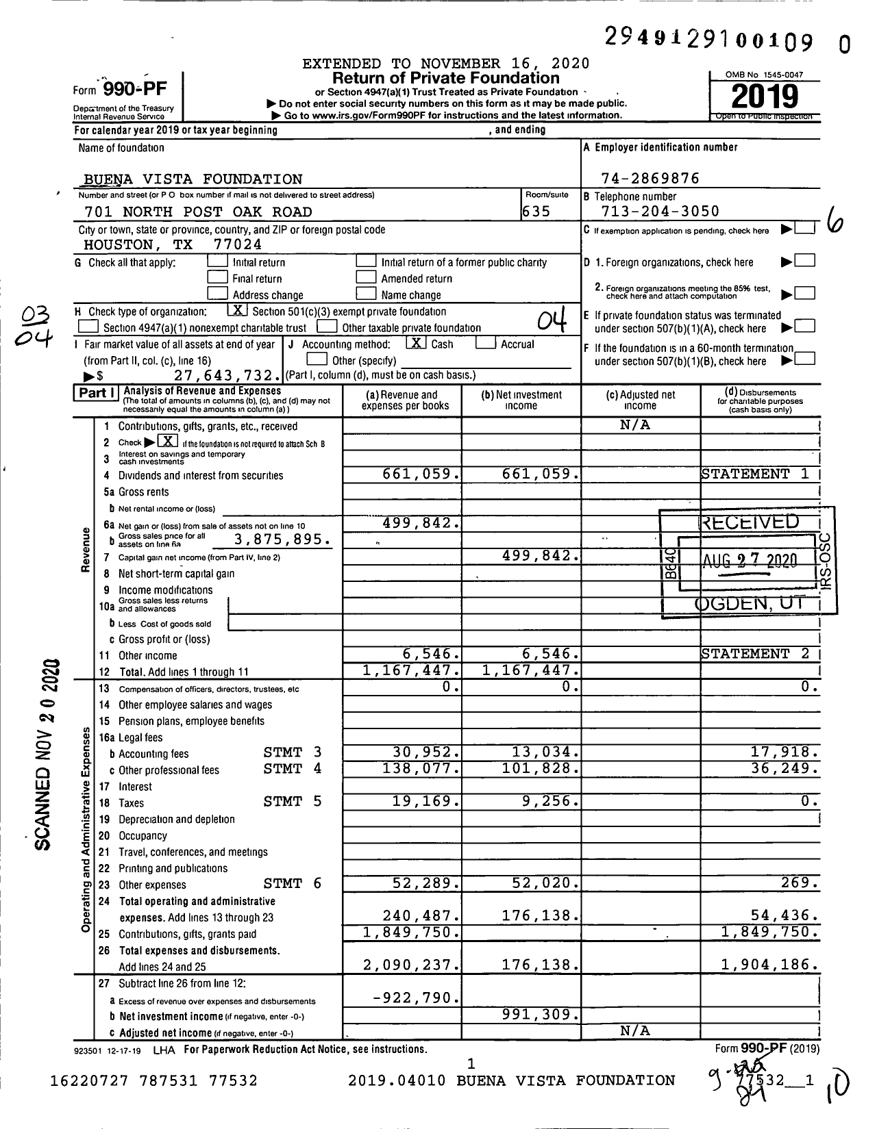 Image of first page of 2019 Form 990PF for Buena Vista Foundation