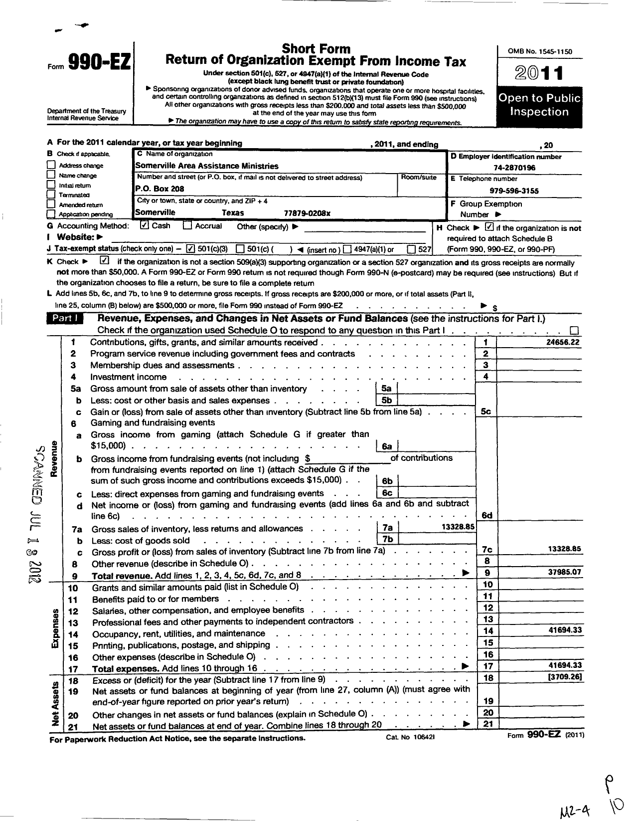 Image of first page of 2011 Form 990EZ for Somerville Area Assistance Ministries