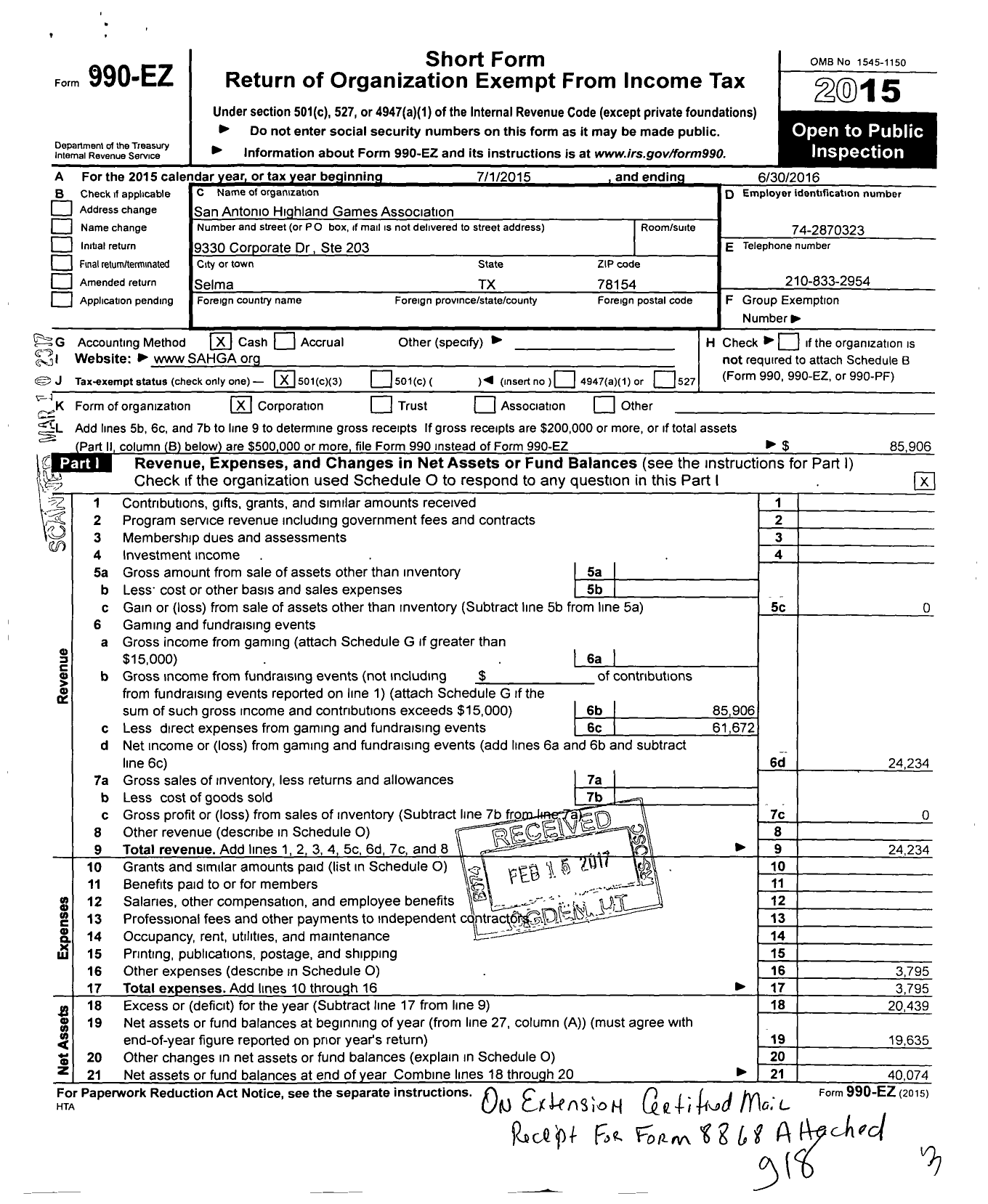 Image of first page of 2015 Form 990EZ for San Antonio Highland Games Association