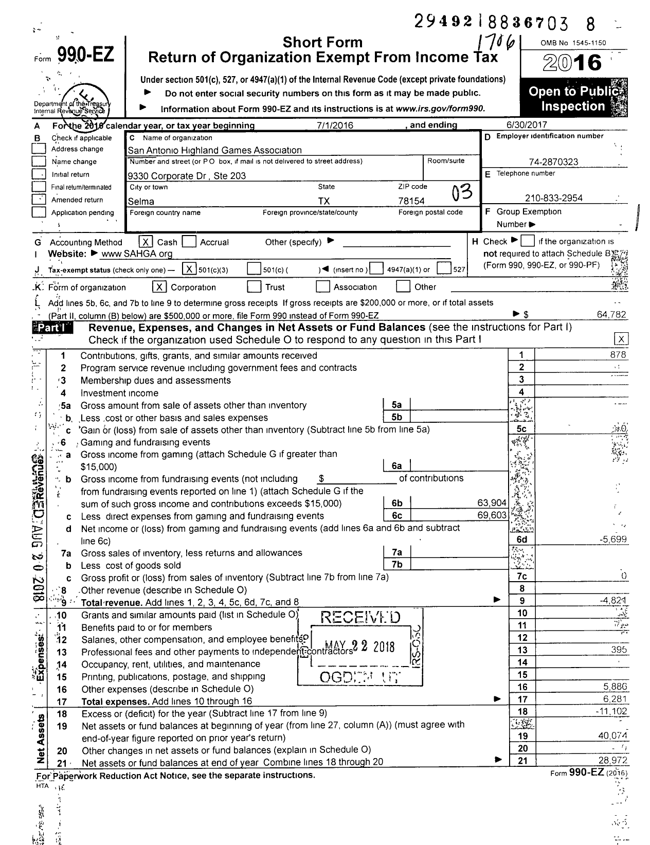 Image of first page of 2016 Form 990EZ for San Antonio Highland Games Association