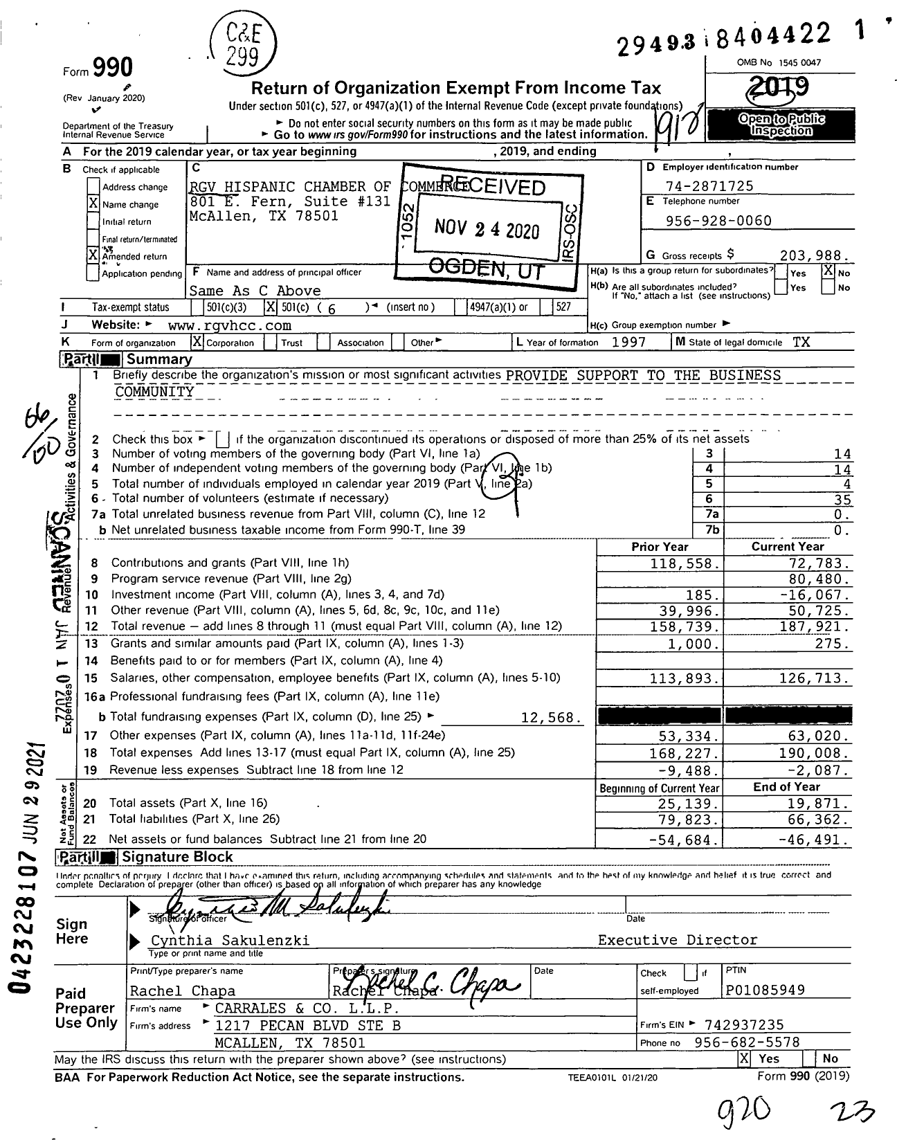 Image of first page of 2019 Form 990O for RGV Hispanic Chamber of Commerce