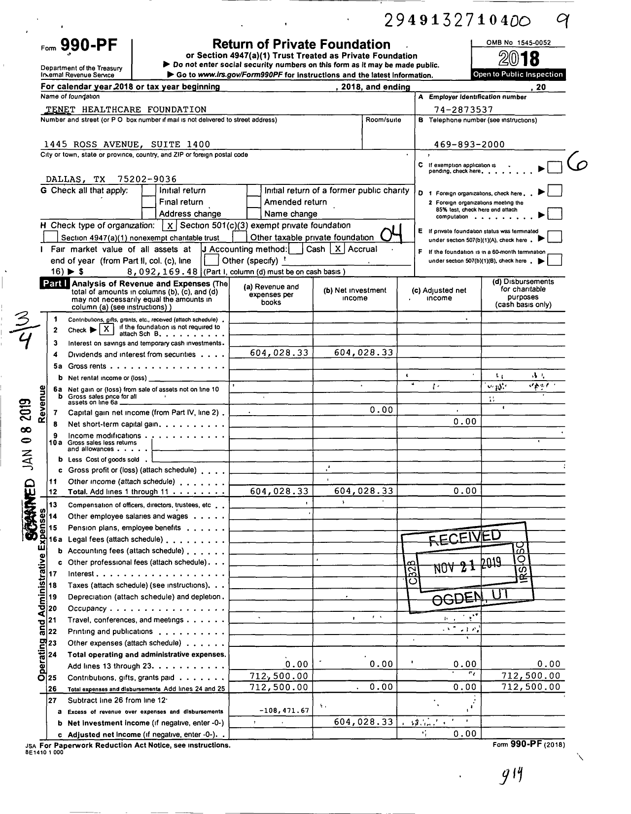Image of first page of 2018 Form 990PF for Tenet Healthcare Foundation