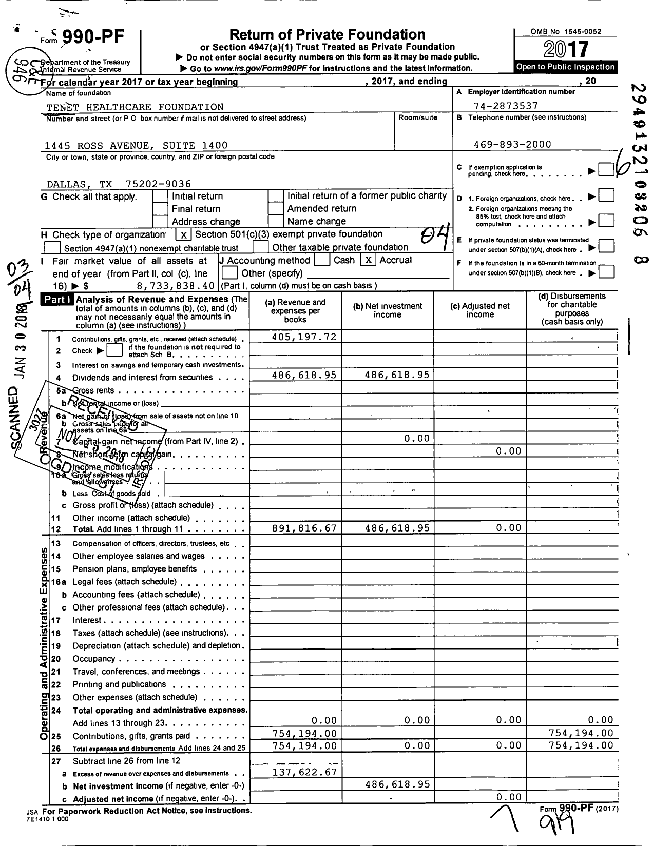Image of first page of 2017 Form 990PF for Tenet Healthcare Foundation