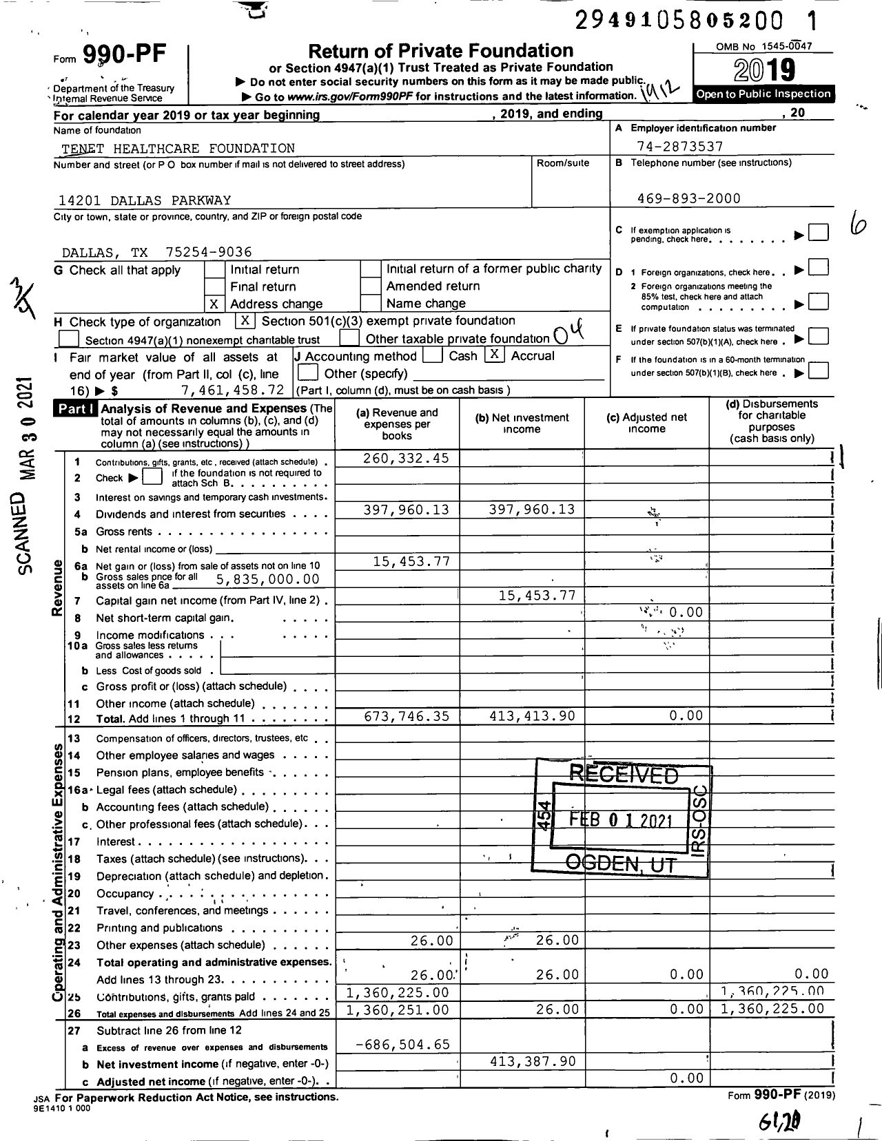 Image of first page of 2019 Form 990PF for Tenet Healthcare Foundation