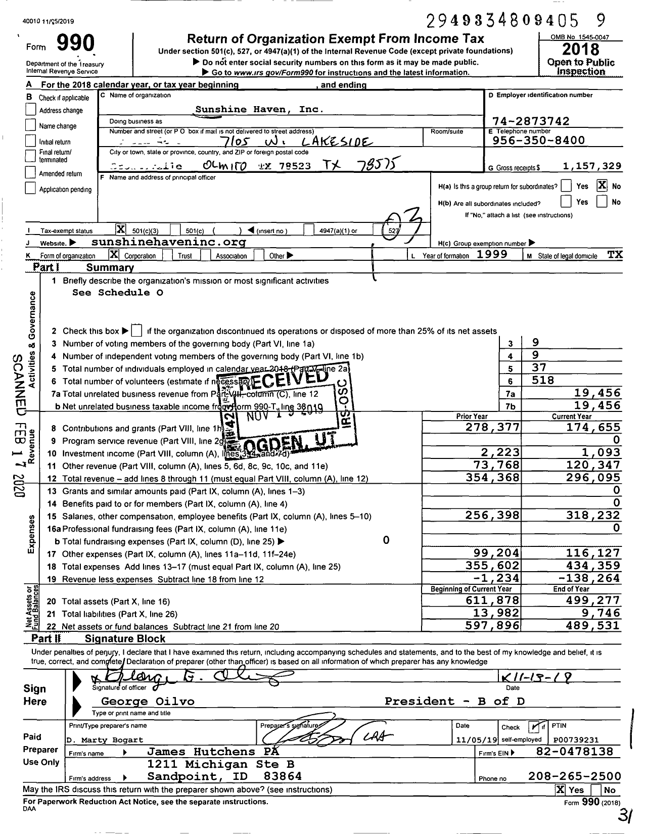 Image of first page of 2018 Form 990 for Sunshine Haven